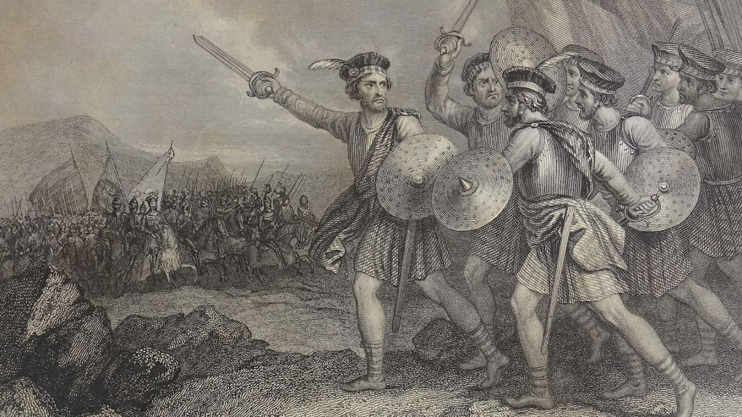 The image is a detailed engraving depicting William Wallace in the midst of a battle scene. Wallace is portrayed at the forefront, leading a group of soldiers who are armed with shields and swords. He is pointing his sword forward