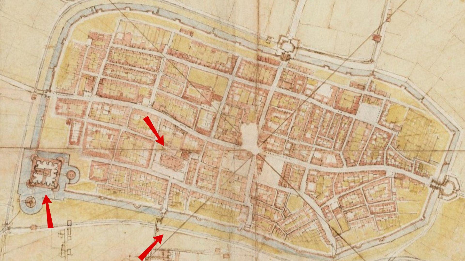 A faded map of a town surrounded by walls. Red arrows point out buildings and features shown on the map.
