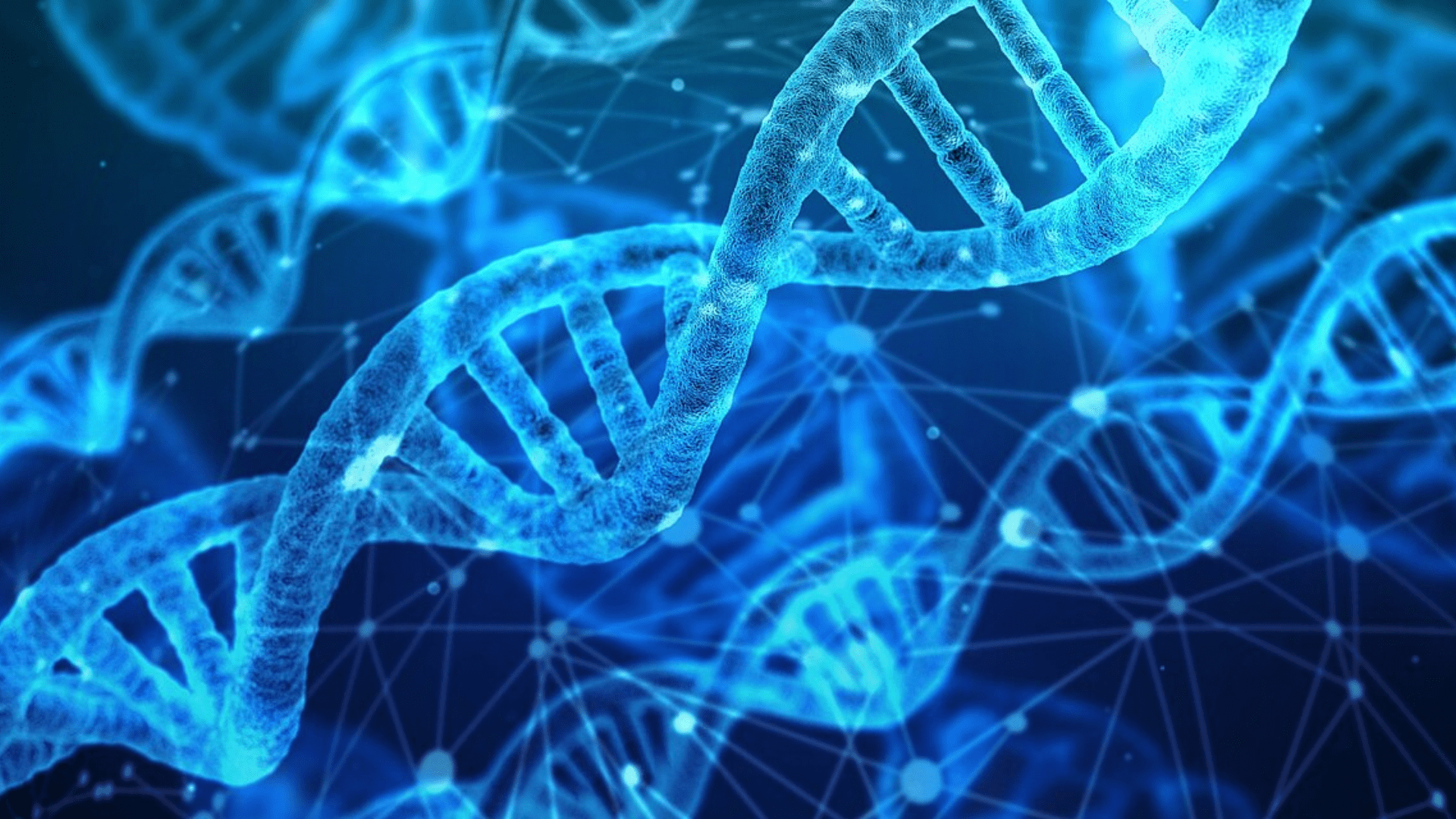 A digital rendering of DNA strands. The DNA is glowing bright blue.