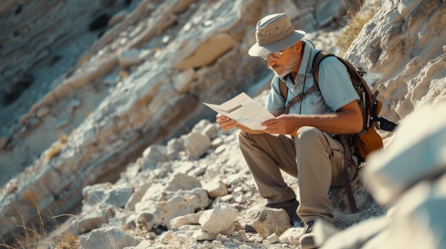 Researcher studying a map on a rocky slope