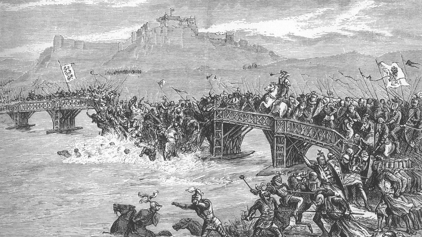 This detailed black and white engraving depicts the historic Battle of Stirling Bridge, with medieval soldiers engaged in fierce combat. In the foreground, a wooden bridge is overrun with warriors clashing swords and shields, while others are falling into the water below