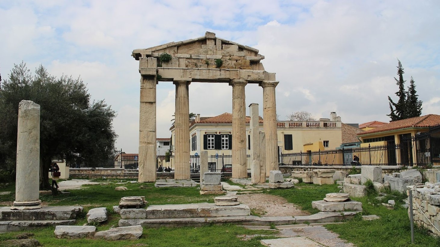 A photo of the Gate of Athena Archegetis, a ruined ancient Greek temple gate in Athens, Greece