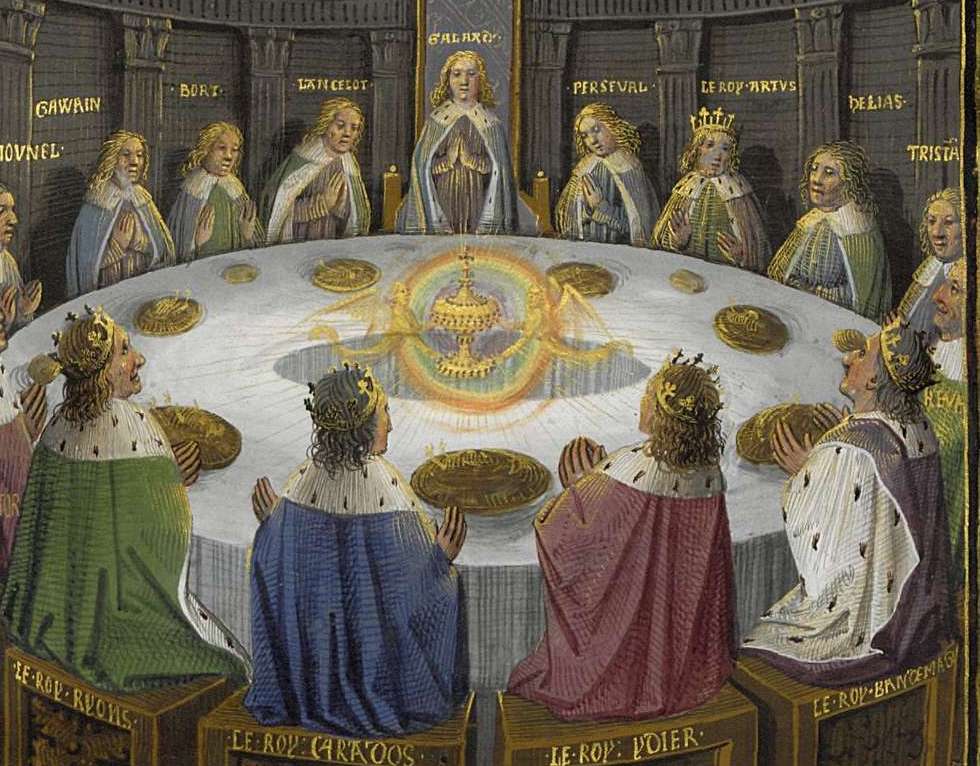 A round table surrounded by twelve men with the Holy Grail in the center