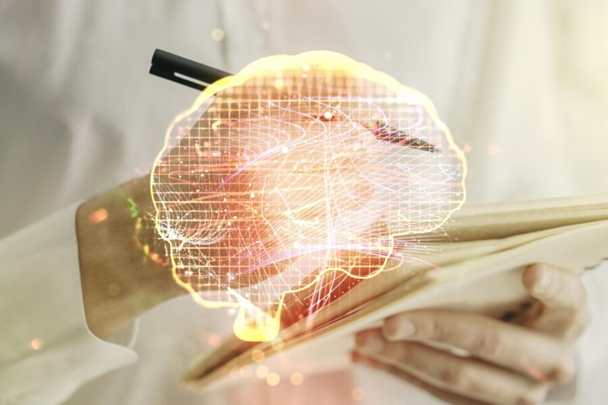 Digital illustration of a doctor studying the neurons of a brain