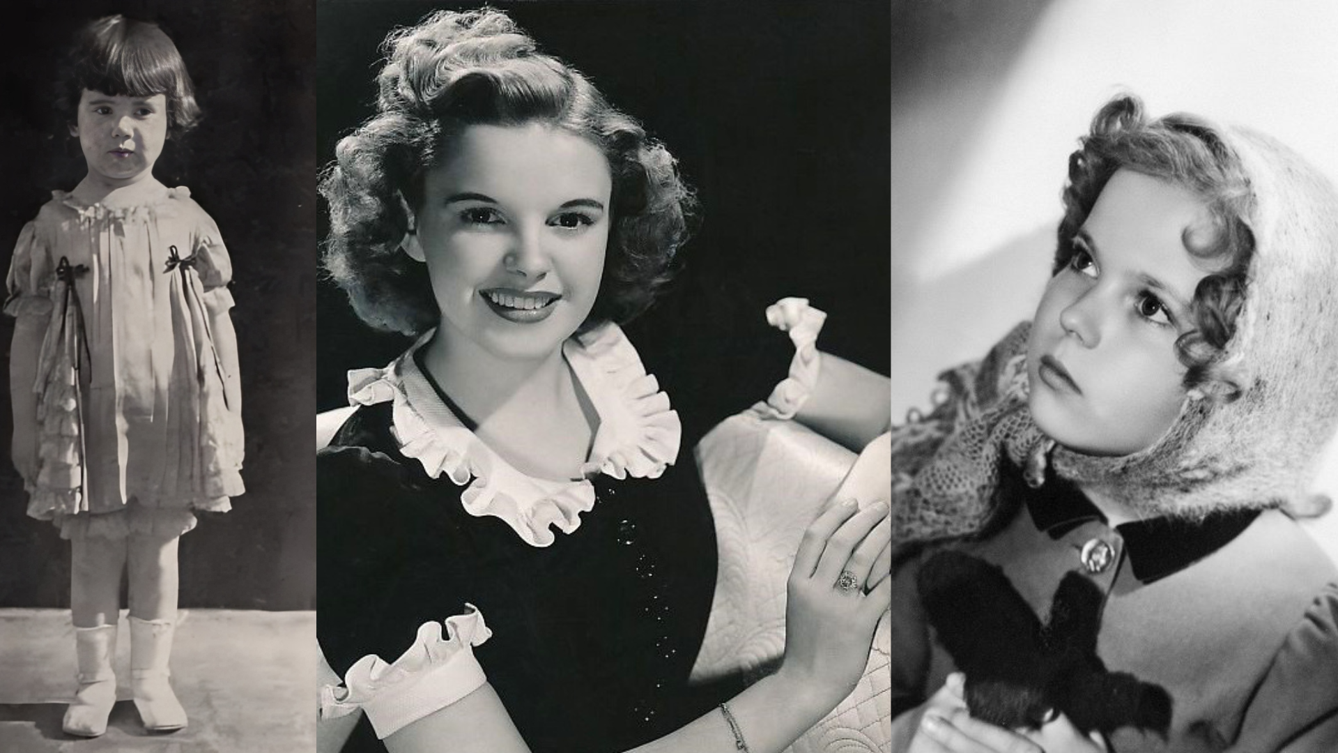 Diana Serra Cary, Judy Garland, and Shirley Temple in black-and-white photographs in a row.