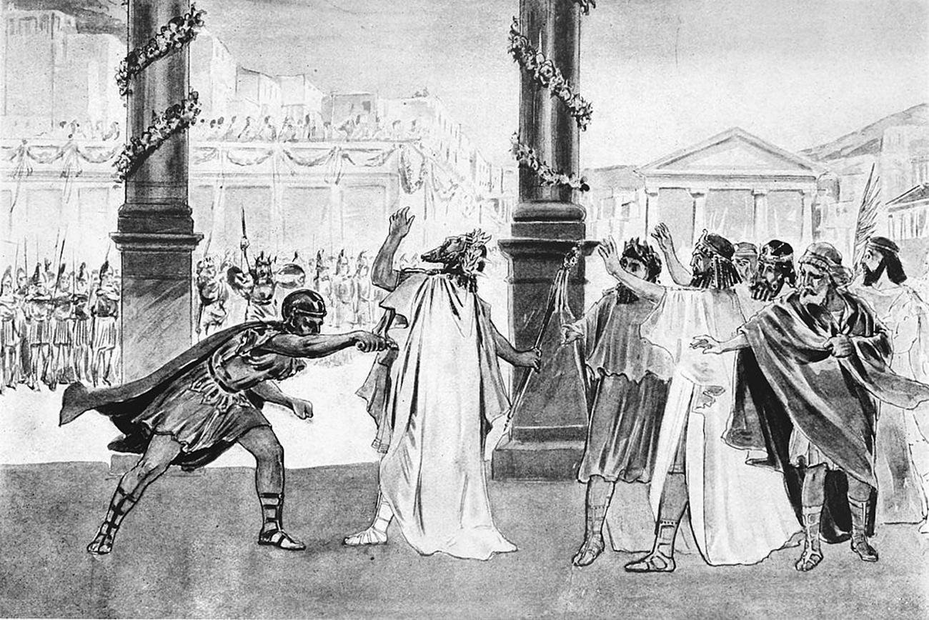Depiction of Philip's assassination by Pausanias in The Story of the Greatest Nations (c. 1900)