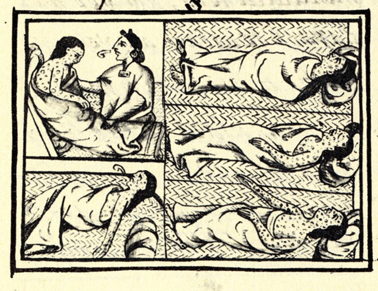 Drawing accompanying text in Book XII of the 16th-century Florentine Codex (compiled 1555–1576), showing Nahuas of conquest-era central Mexico with smallpox