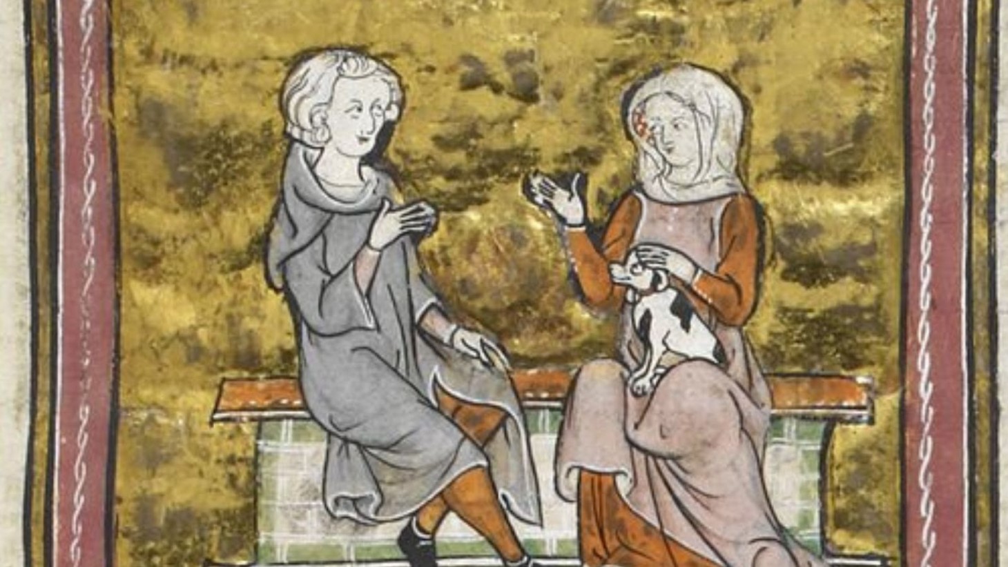 An illustration showing a seated man and woman in a conversational pose on a bench. The man, dressed in gray, gestures with his hand while looking towards the woman, who is dressed in orange and holds a small dog with a spotted coat in her lap
