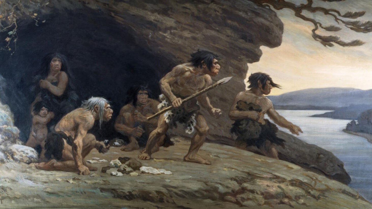 This painting portrays a group of Neanderthals in a cave with a view of a twilight seascape. Several individuals in various poses appear engaged in different activities: one crouched at the cave entrance, another standing with a spear, and others seated or standing further inside the cave
