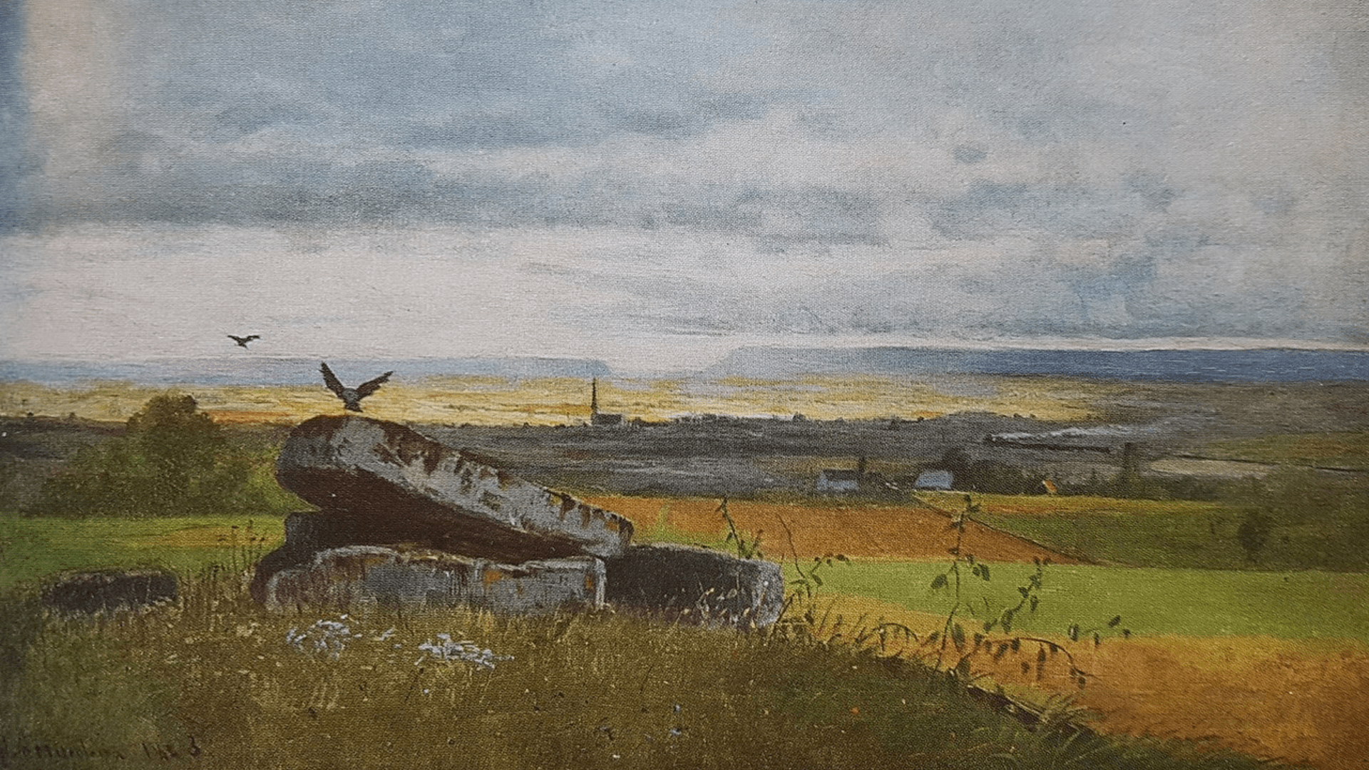 A painting of Falbygden by Olof Hermelin, featuring a dolmen in the foreground.