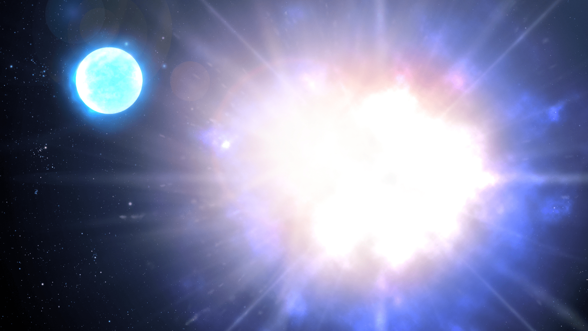 A bright explosive-like light with a glowing blue orb hovering in space to the top left of it.