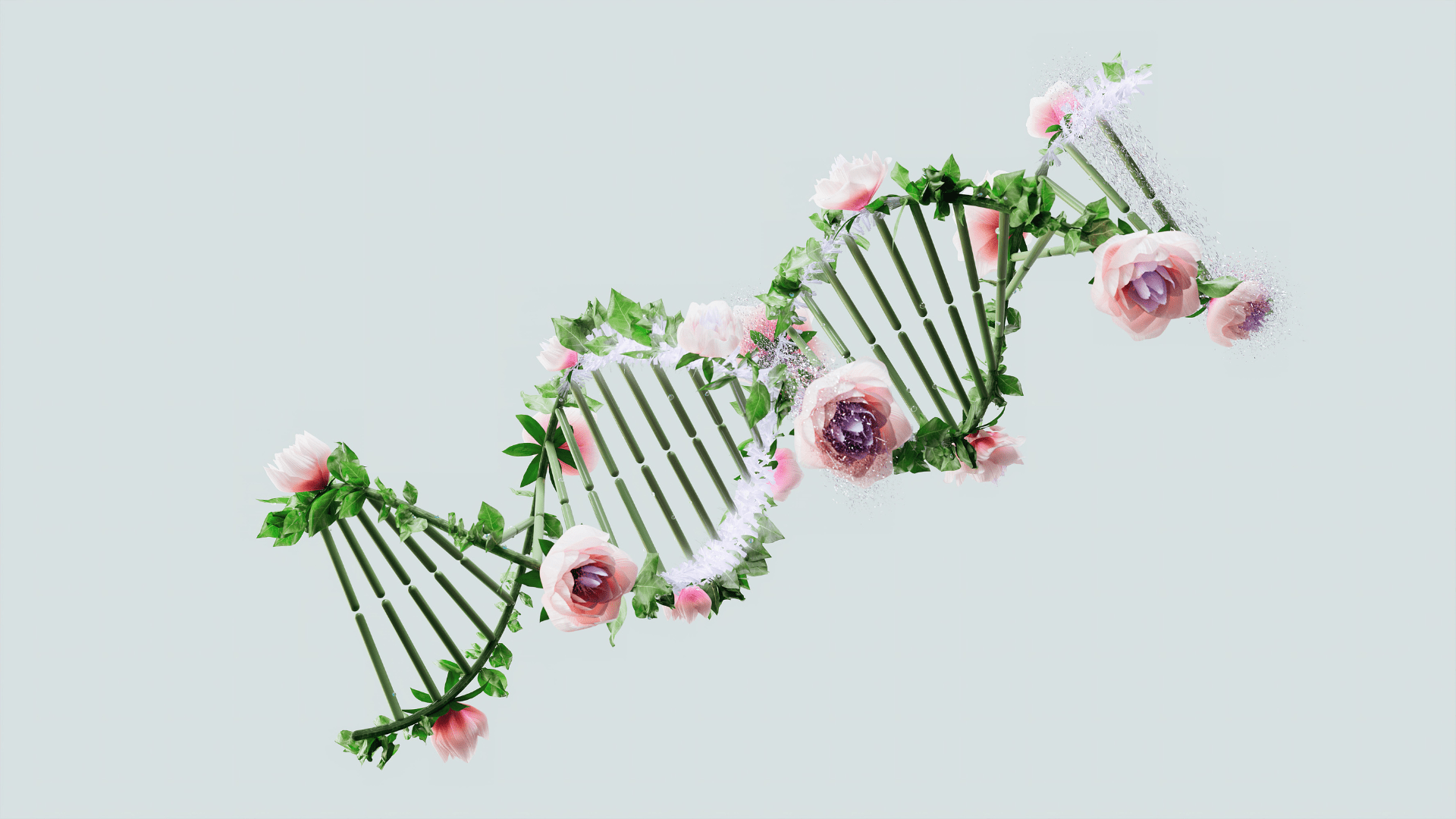 A 3D rendering of a DNA strand made to look as if it’s composed of flowers.