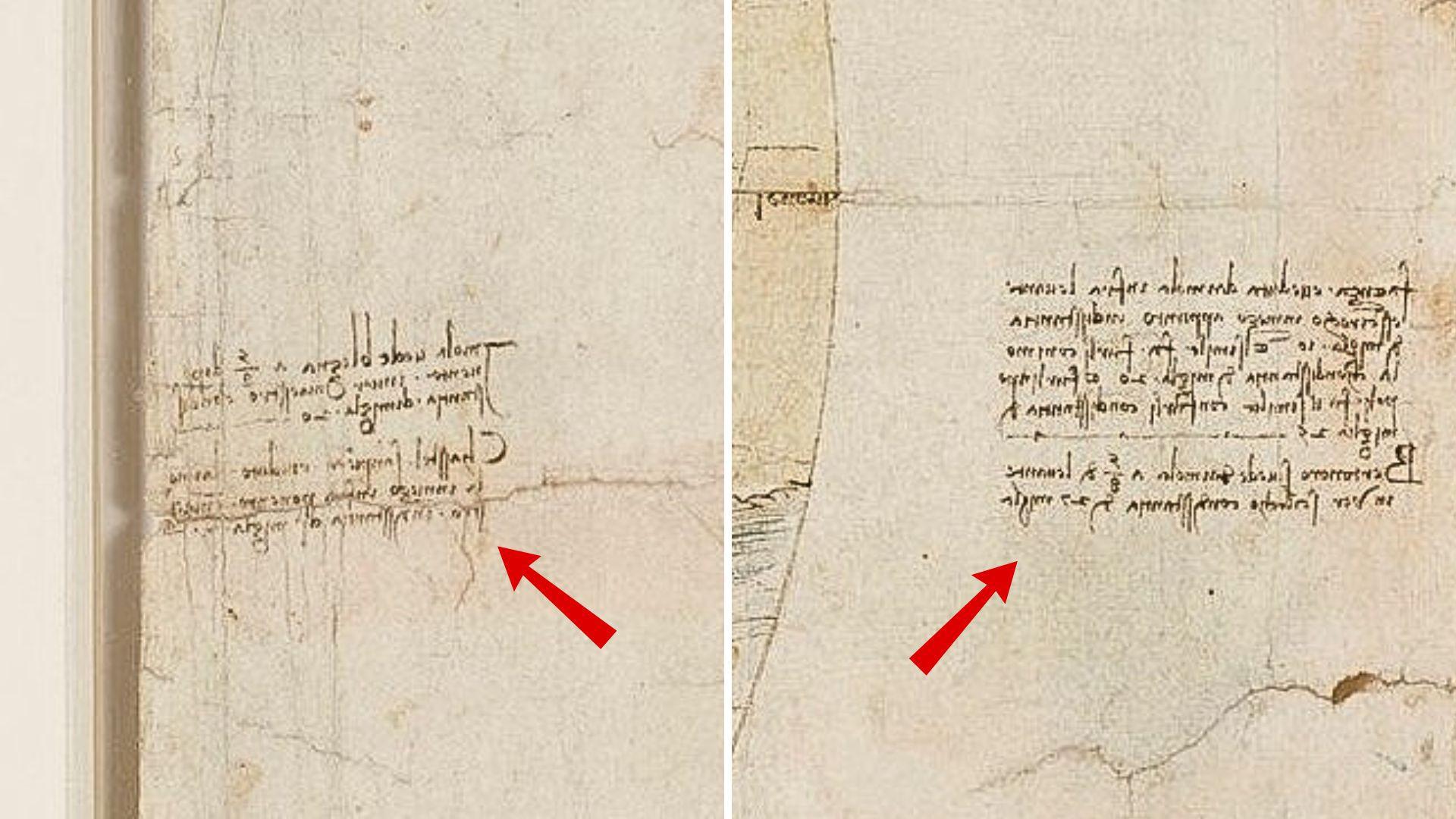 Two side-by-side images with red arrows pointing to scribbled writing on a faded paper. The writing is written backwards and cannot be read.