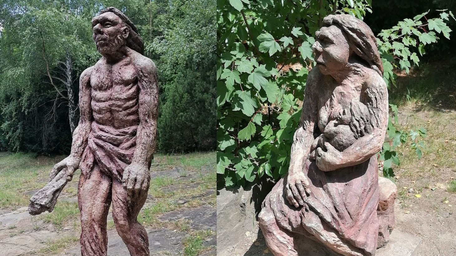 A composite image showing two sculptures. On the left, a sculpture of a standing prehistoric man with exaggerated muscles, a prominent beard, and long hair, holding a large club over his shoulder. On the right, a sculpture of a prehistoric woman sitting and cradling a child in her arms