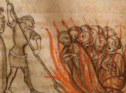 A medieval drawing of a group of Knights Templar being burned at the stake