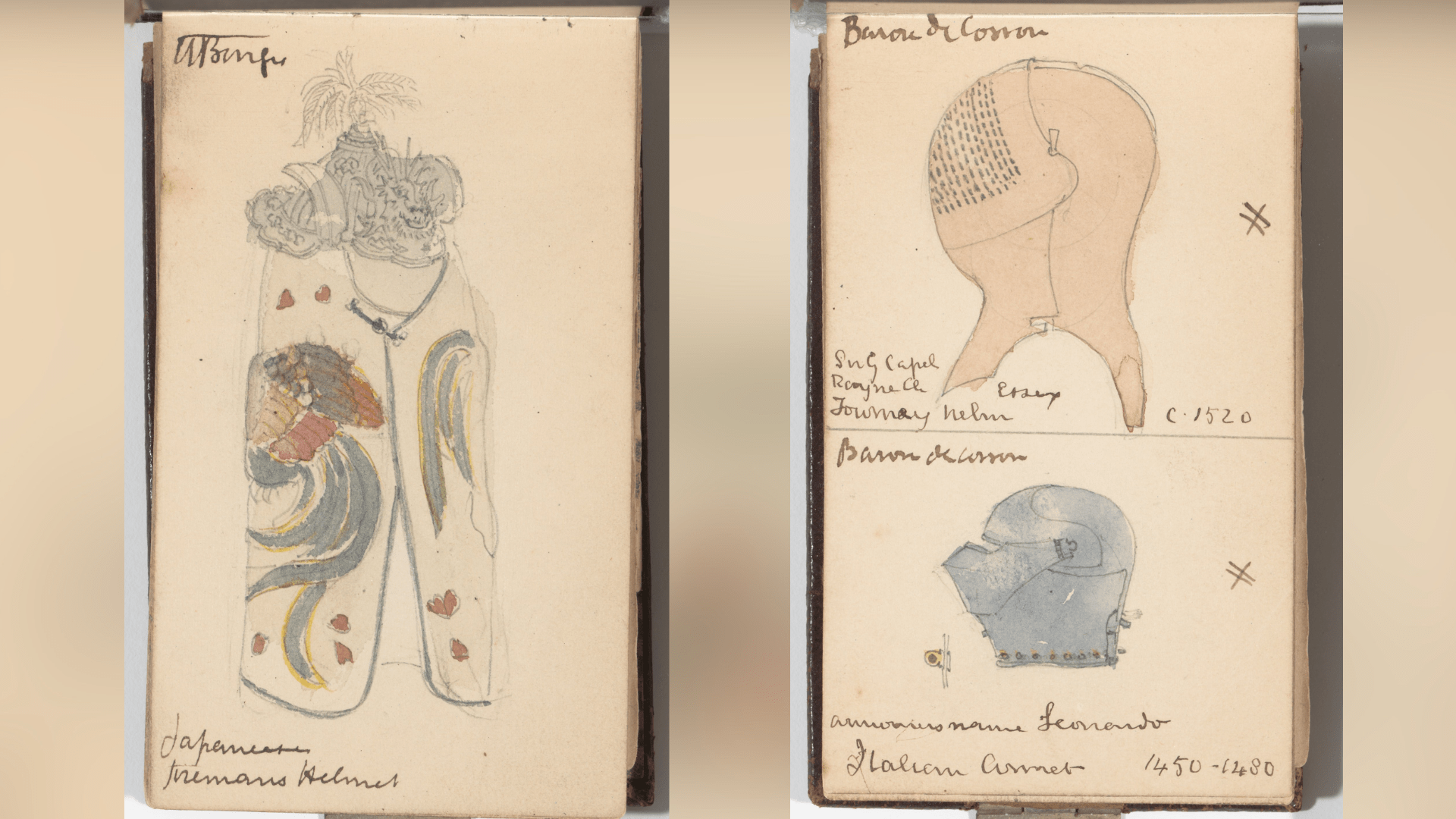 Some of William Burges’ colored sketches of medieval clothing and helmets.
