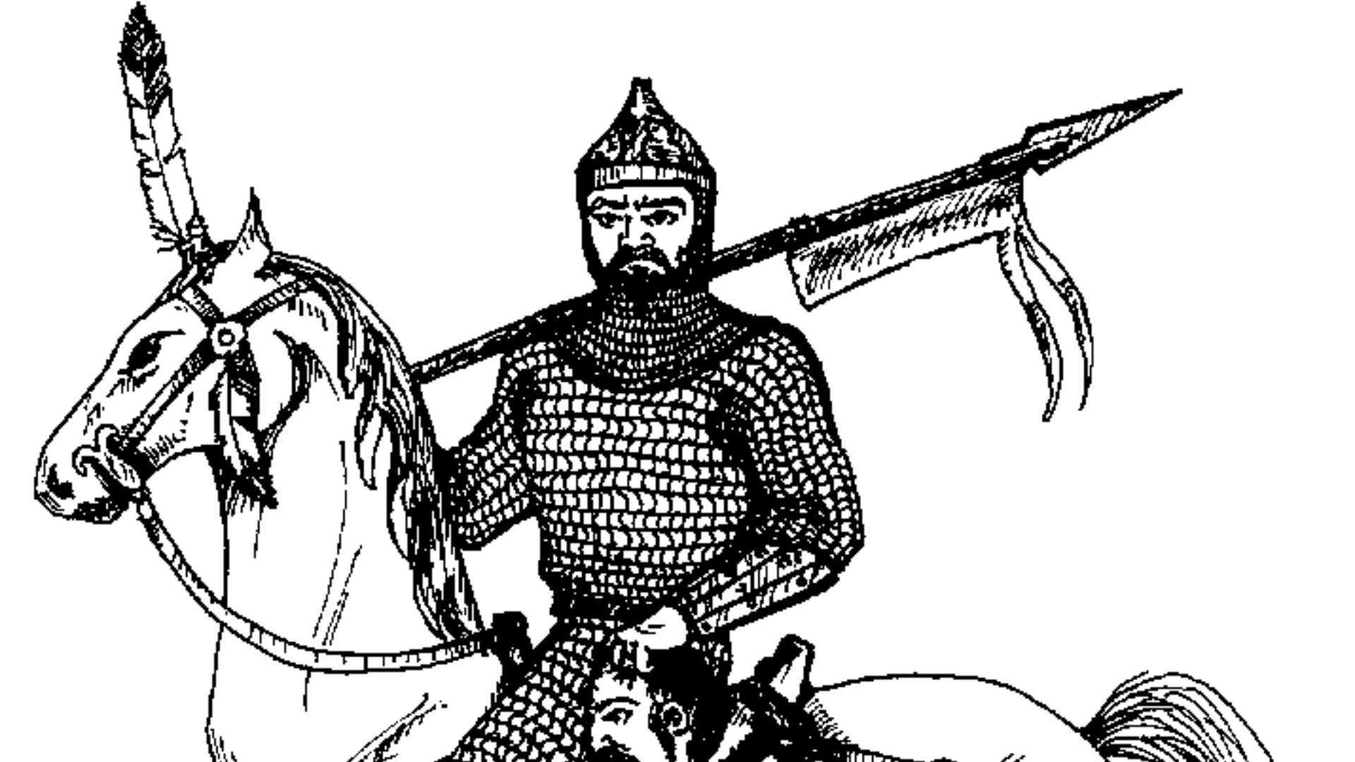 A drawing of an Avar warrior on a horse wearing armor and holding a pike.