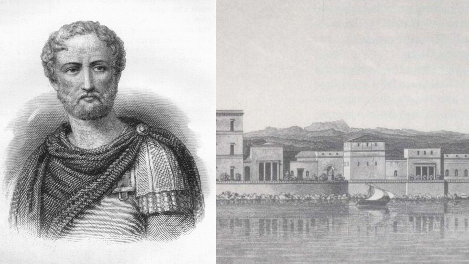 Illustration of Pliny the Elder from the 1st century/Depiction of one of Pliny the Elder’s villas on the water