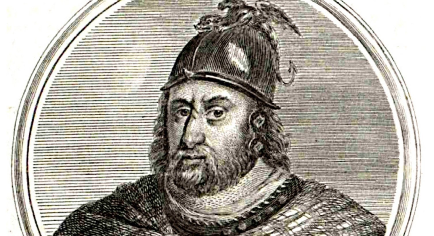 This image features a detailed engraving of William Wallace, depicted with a stern expression. He is wearing a helmet adorned with a decorative plume and chainmail armor