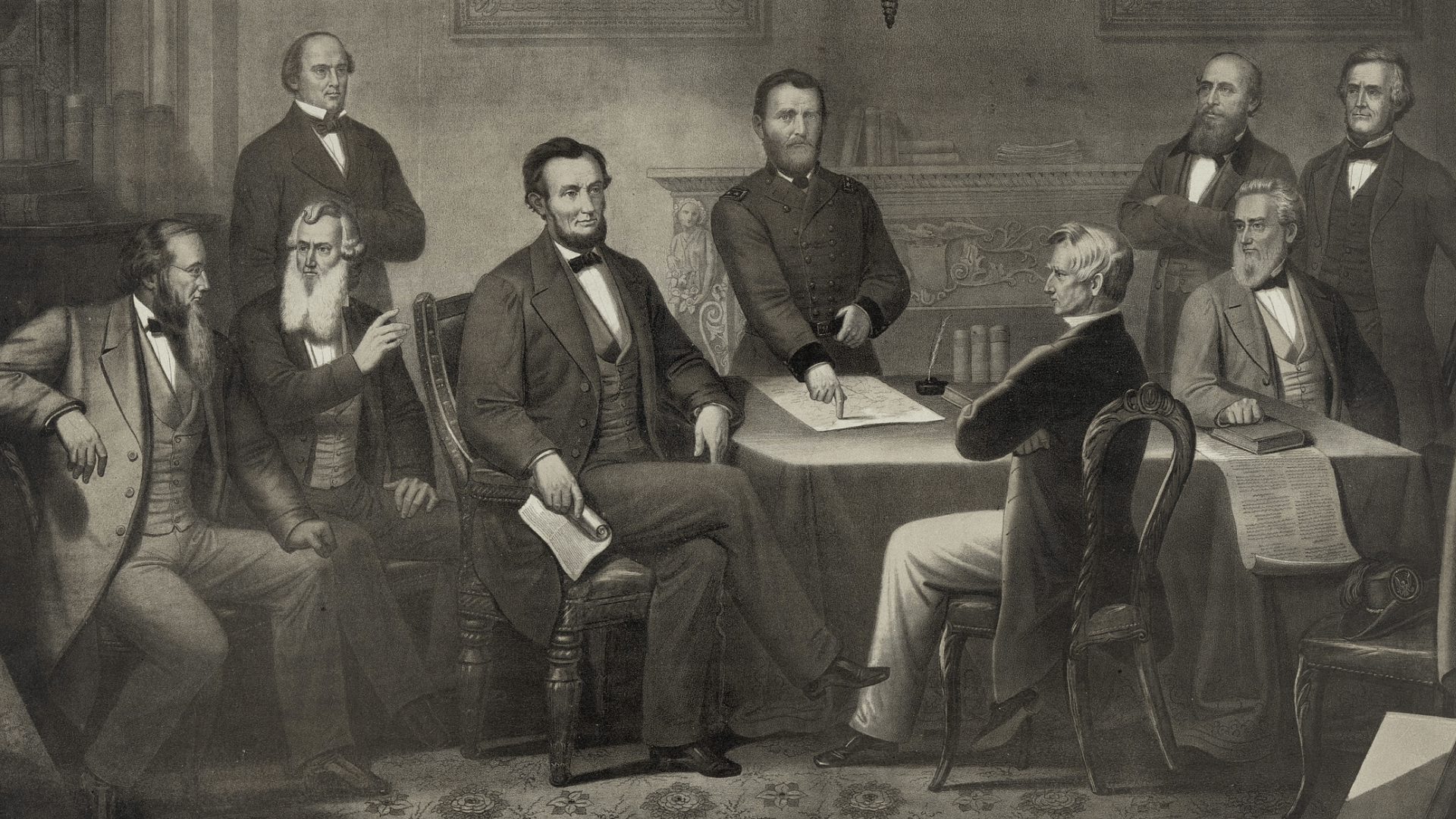 A drawing of President Lincoln sitting at a table with his cabinet during his presidency.