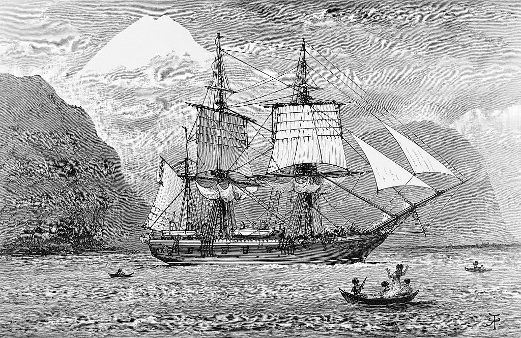 1890-Illustration of the H.M.S. Beagle carrying Charles Darwin's expedition in the Straits of Magellan, Mt. Sarmiento in the distance.
