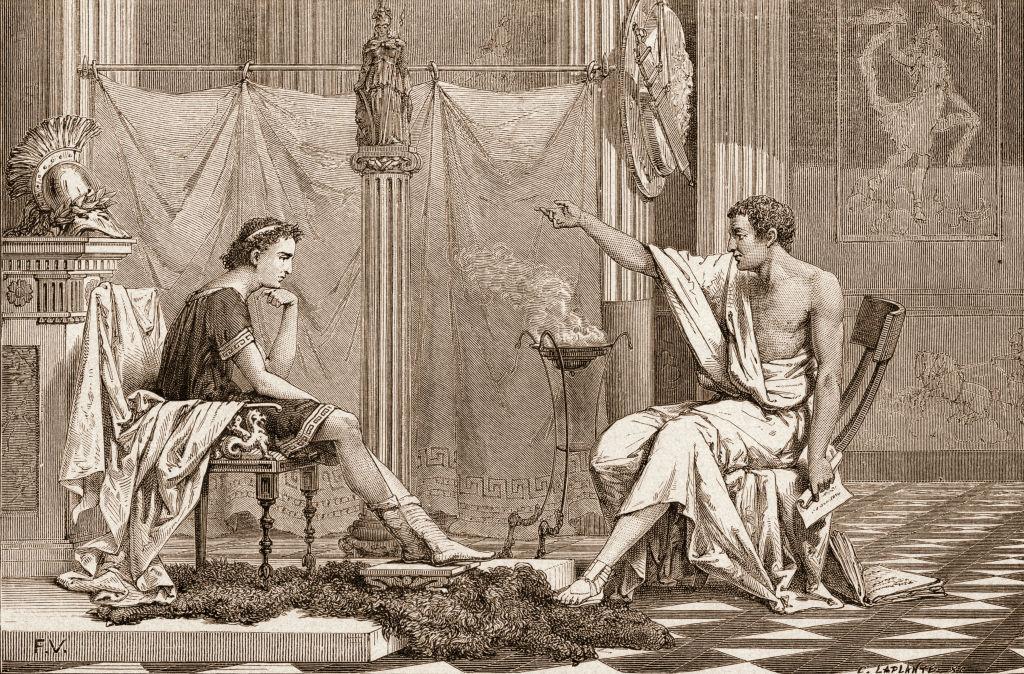 Engraving by Charles Laplante shows future Macedonia king Alexander the Great ss he listens to his tutor, Aristotle