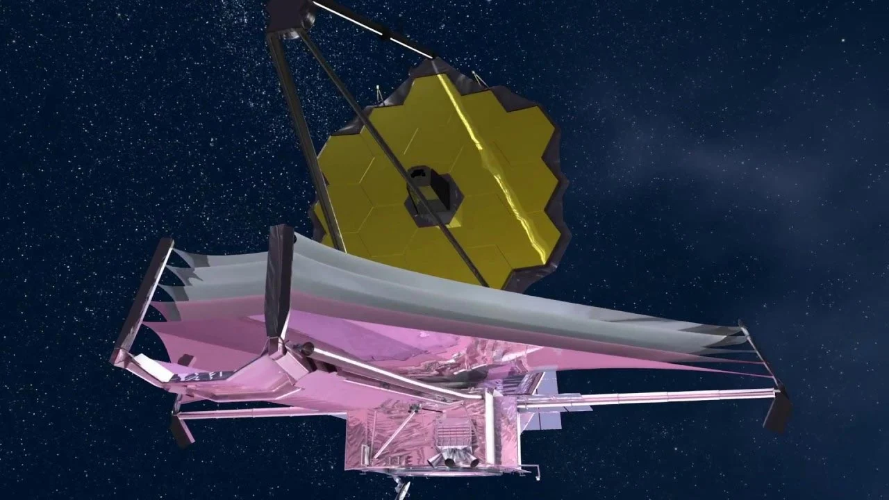 A CGI image of the James Webb Space Telescope in space