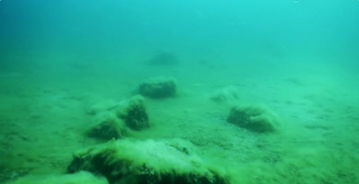 Screenshot of a YouTube video by @DiscoveryUK of the underwater rock formation in Lake Michigan