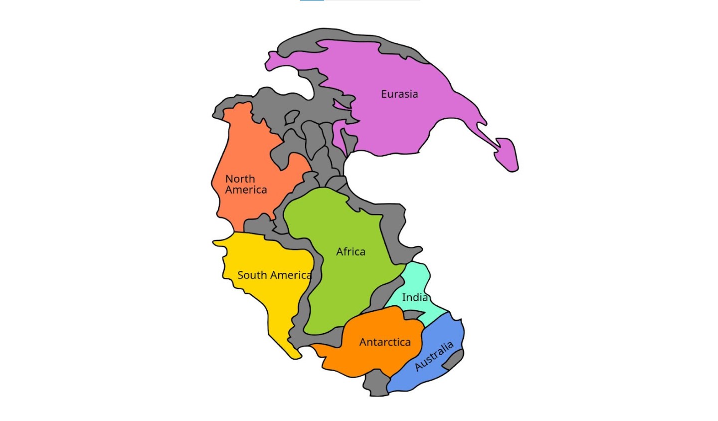 llustration of the supercontinent Pangea, with the major landmasses labeled and colored distinctly. North America is in orange, South America in yellow, Africa in green, Eurasia in purple, India in light blue, Antarctica in orange, and Australia in blue. The continents are joined together in a single landmass