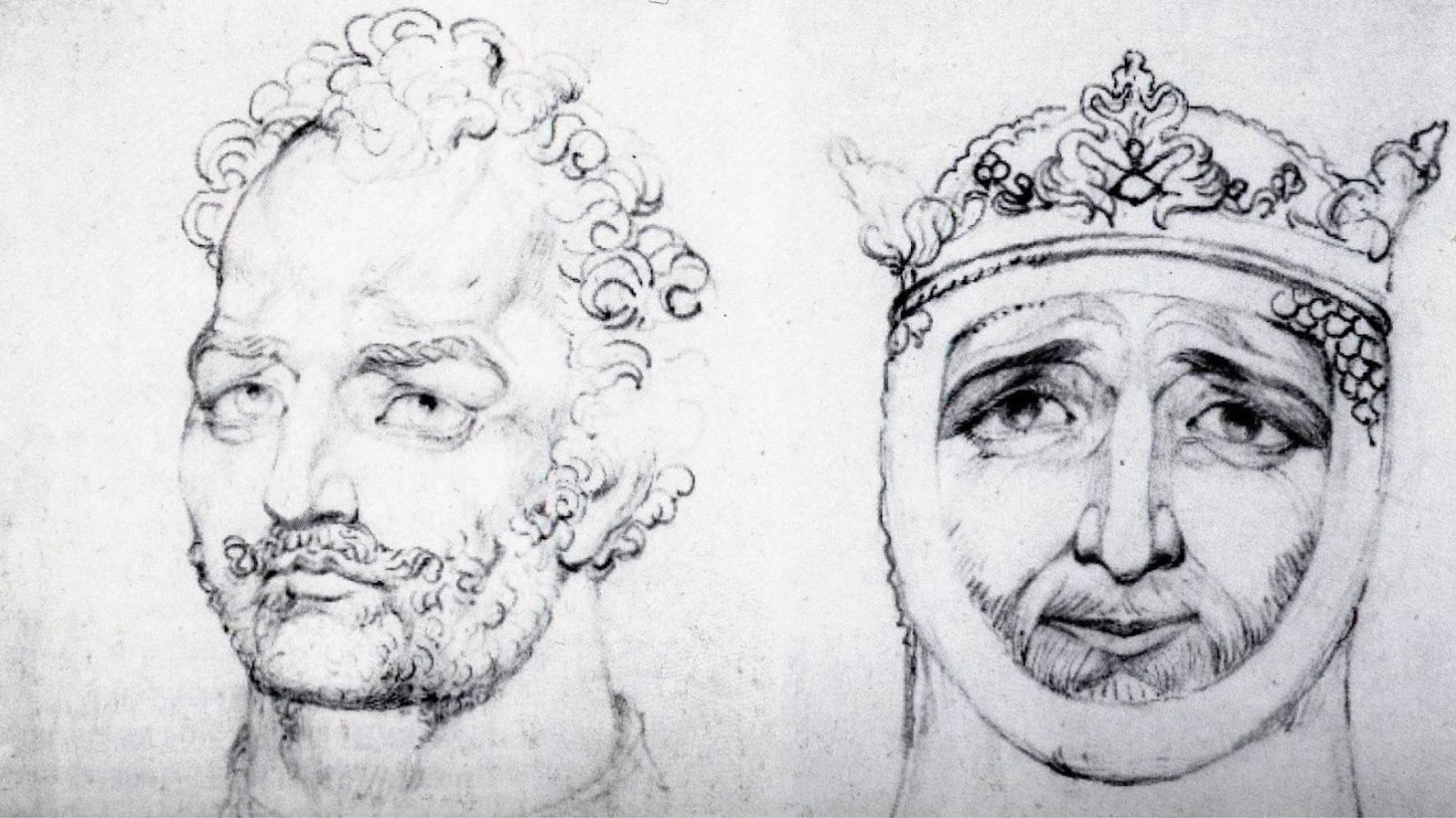 A pencil sketch showing portraits of William Wallace and King Edward I. On the left, a man is depicted with a furrowed brow, curly hair, and a full beard, while the man on the right is shown wearing a decorated headpiece with a similar beard and a solemn expression