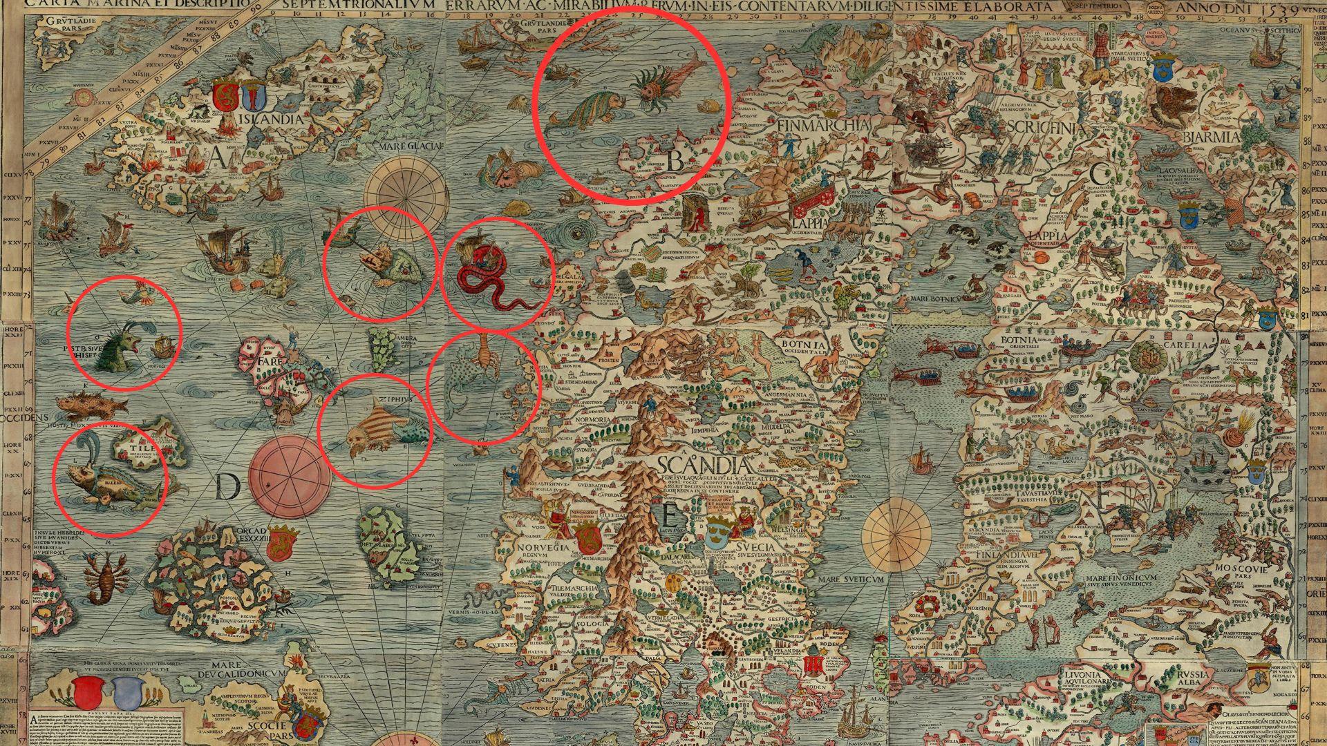 Colorful but inaccurate map of Scandinavia in Renaissance style. Mythical sea creatures appear in the waters, noted by red circles.