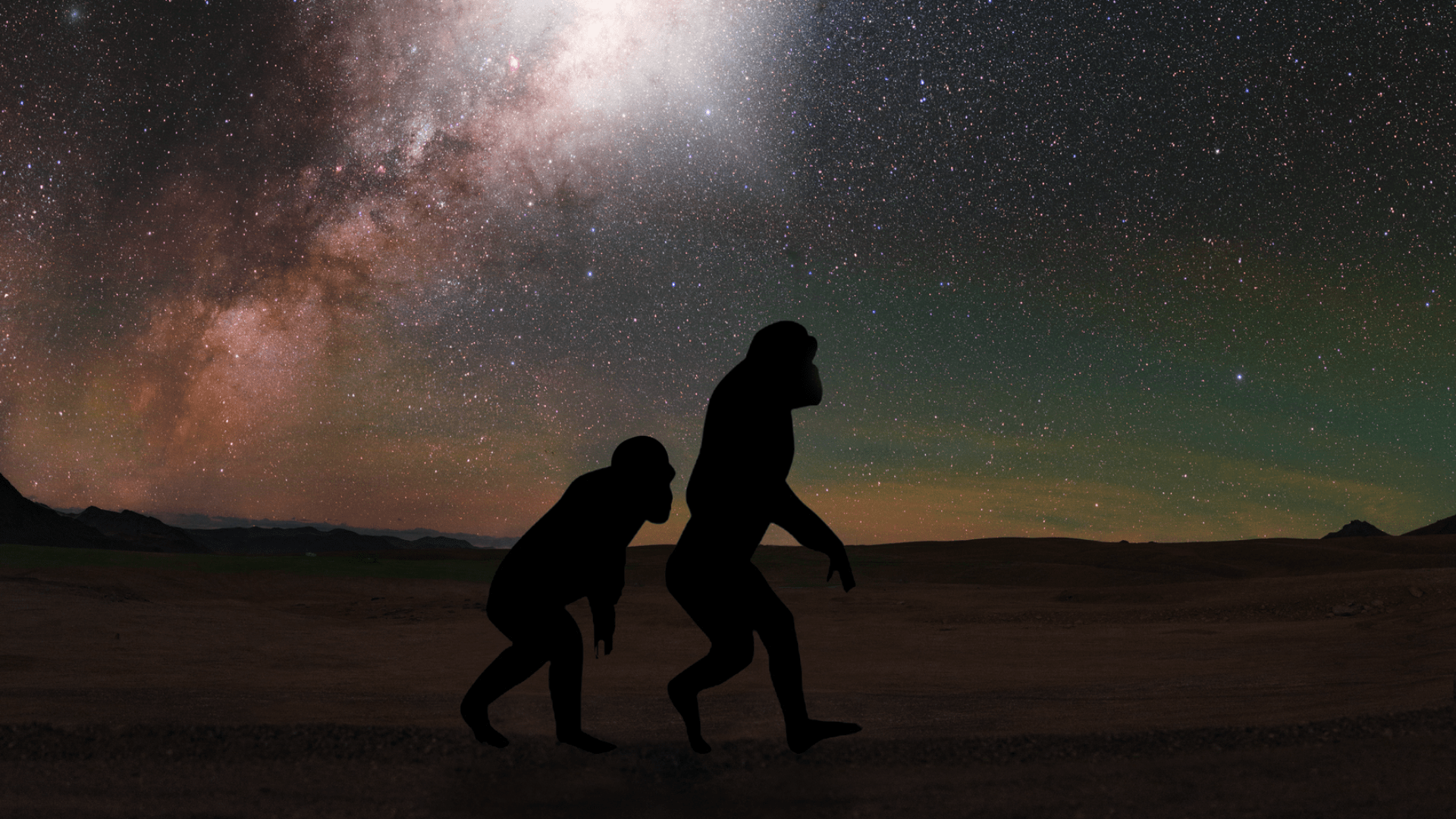 A 3D-rendered image of two early hominid silhouettes, ostensibly a child and adult, walking together under the night sky.