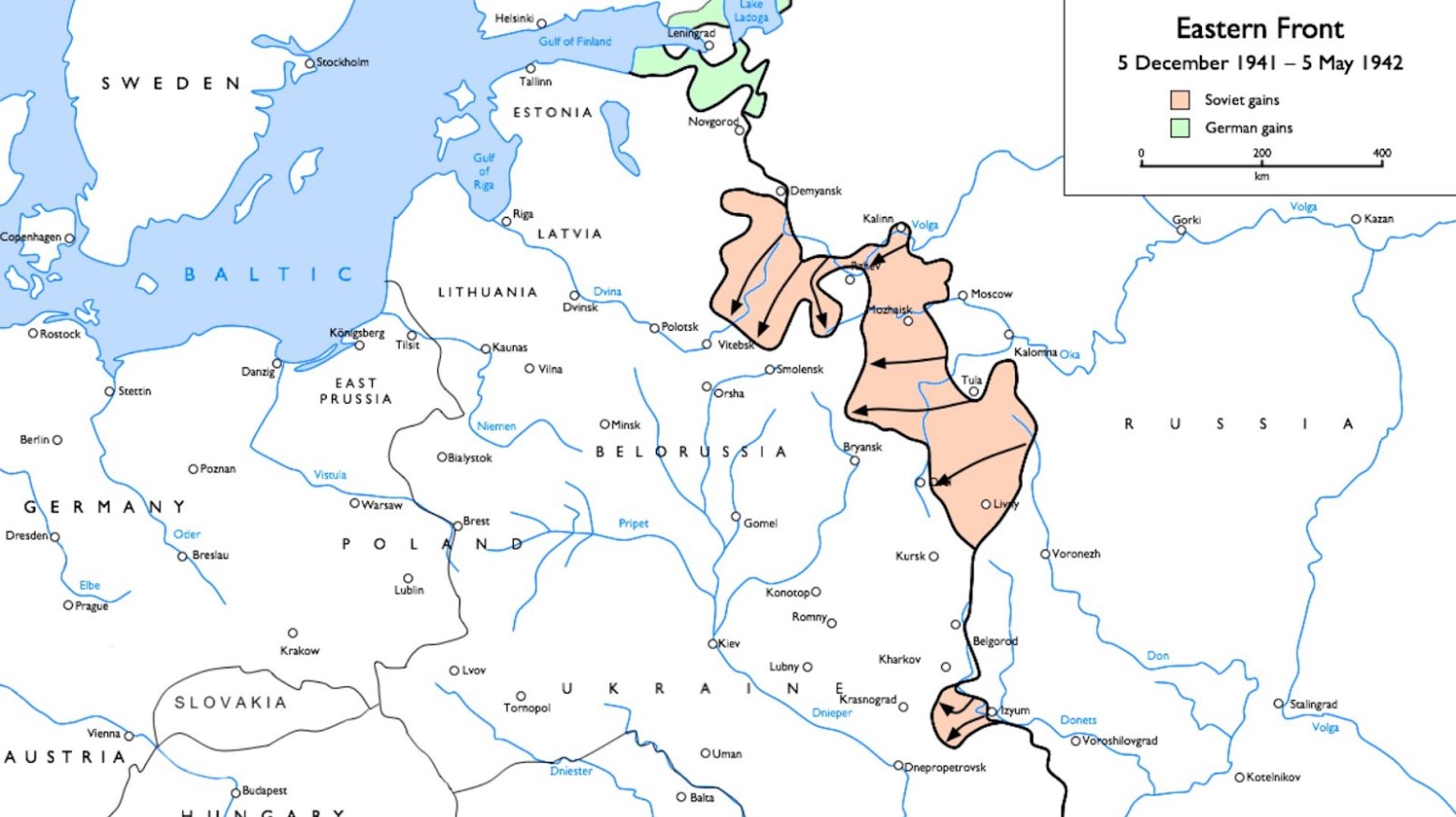 A map that shows the eastern front German and Soviet Union gains from December 1941 to May 1942.