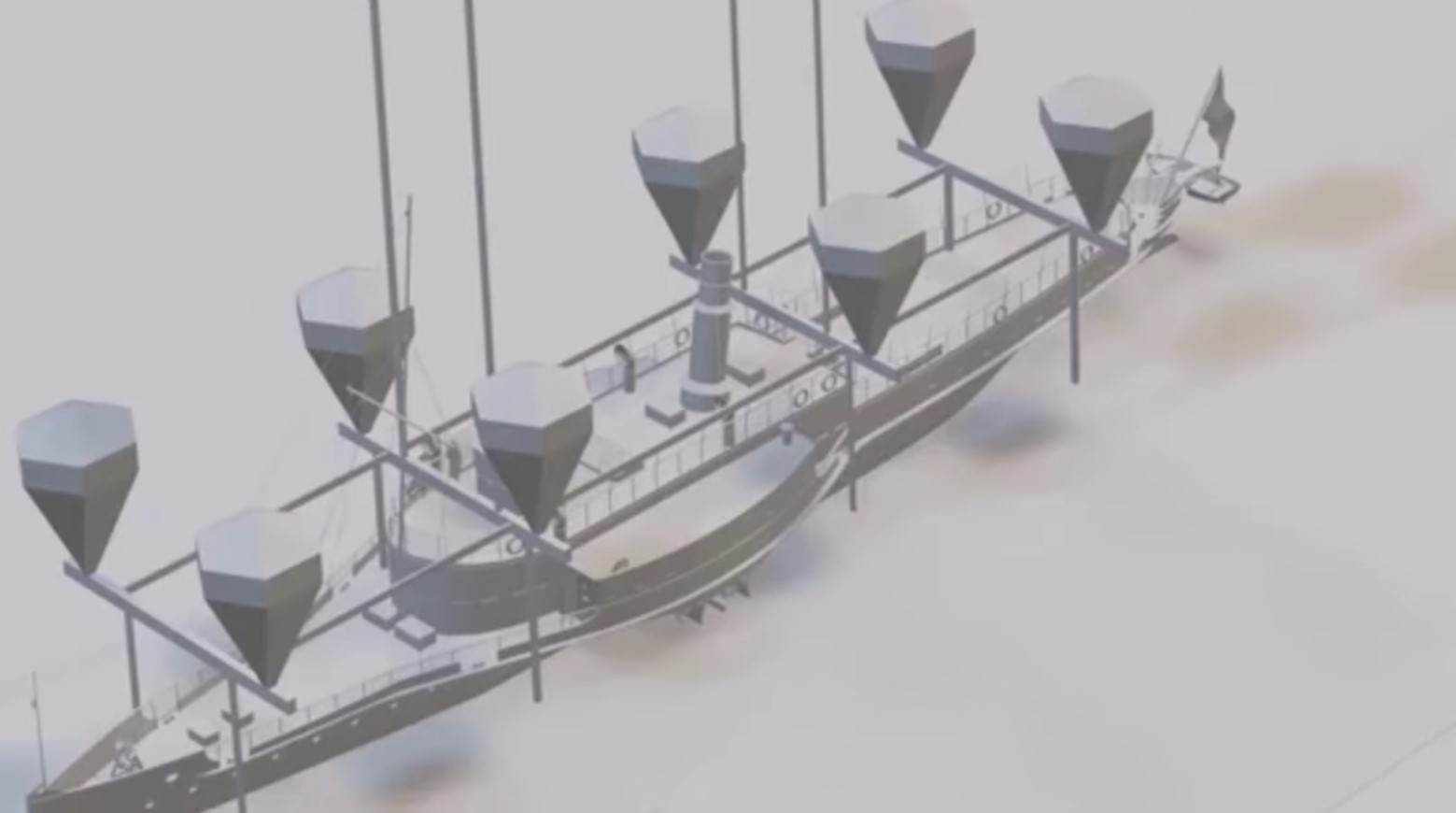 Digital illustration of the use of balloons that will lift the Saentis steamship from the lakebed