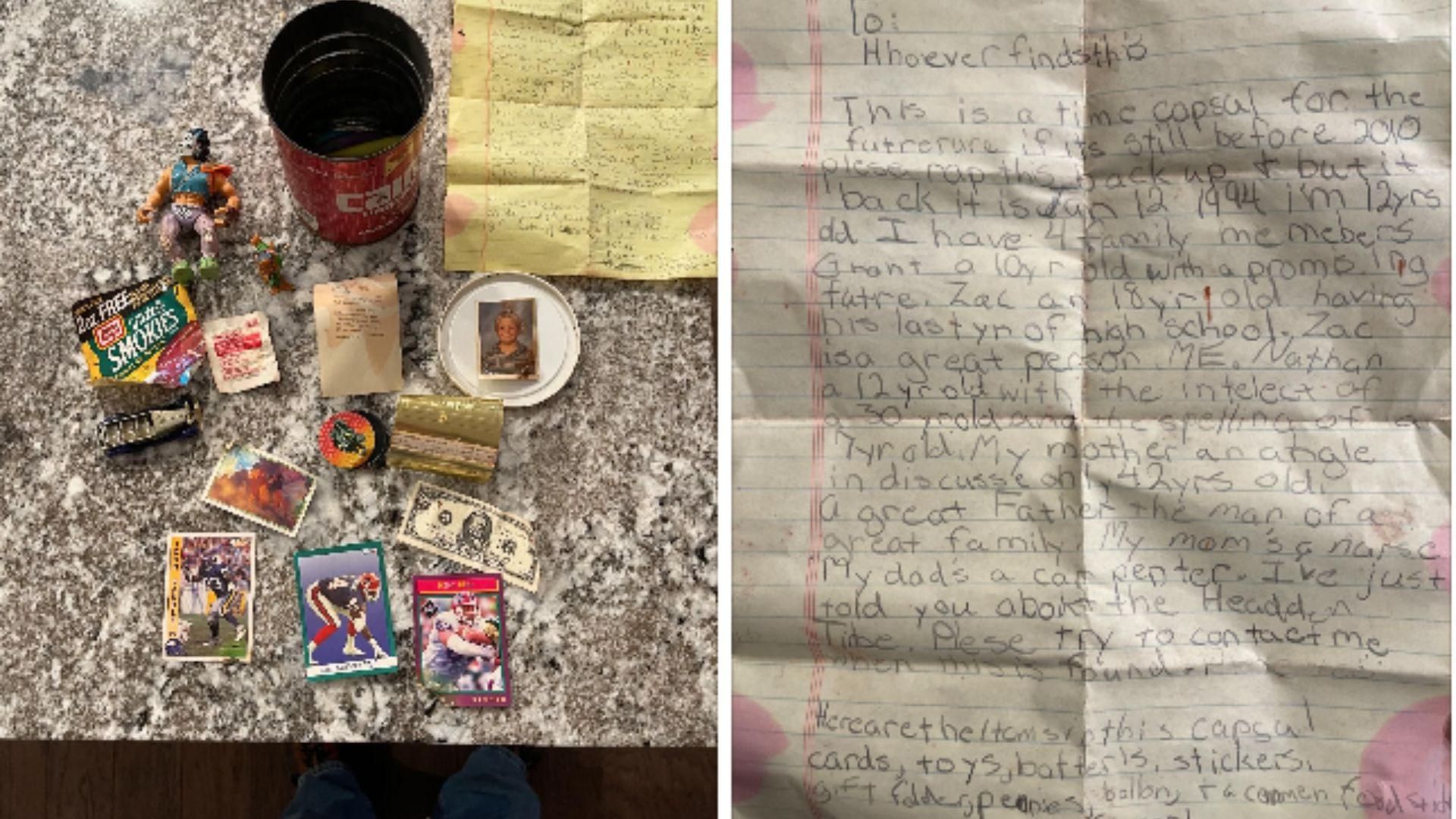 Photograph of the treasures and the letter Nathan Headden included in his time capsule from 1994