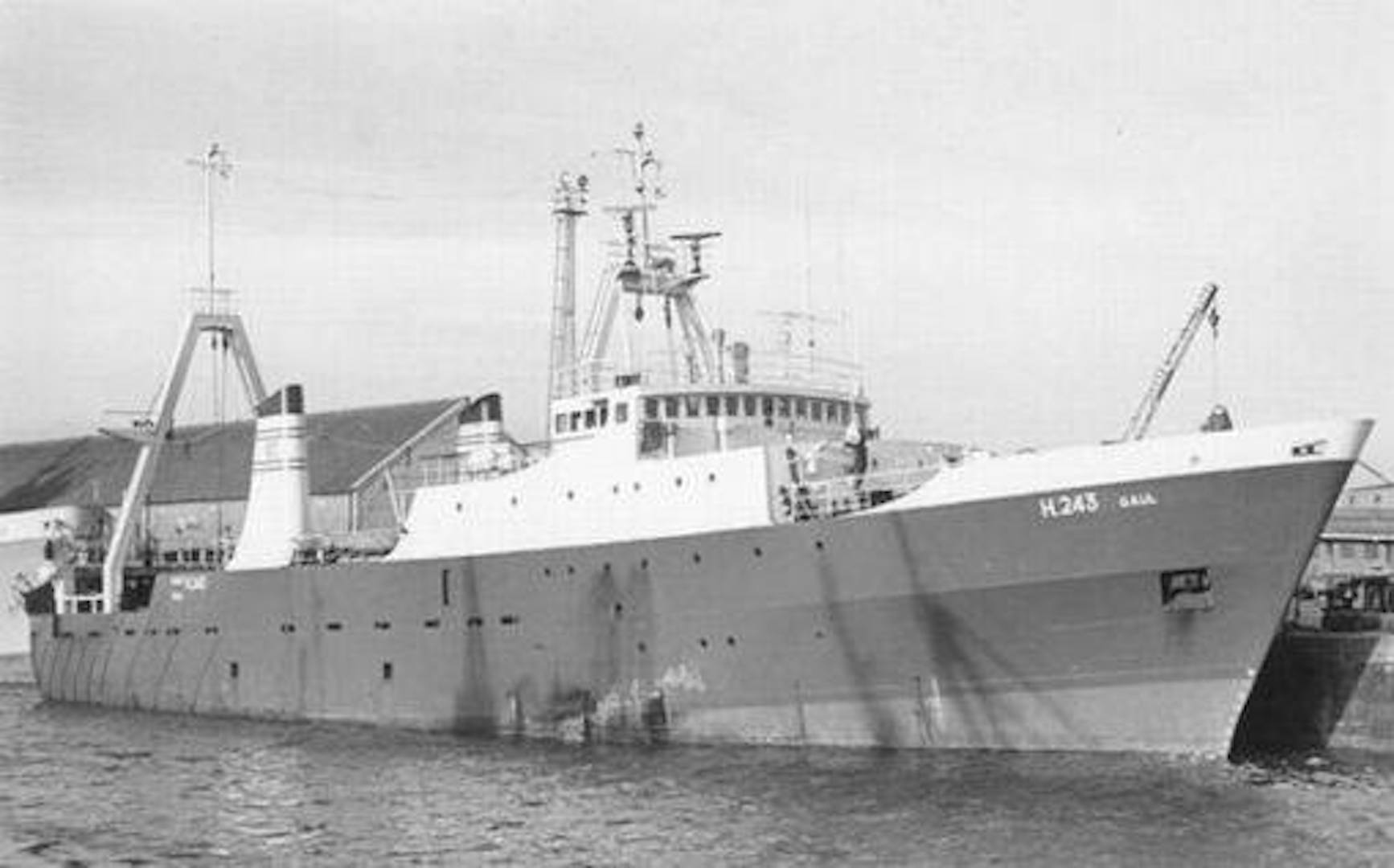 A grayscale image of the FV Gaul in the ocean before sailing