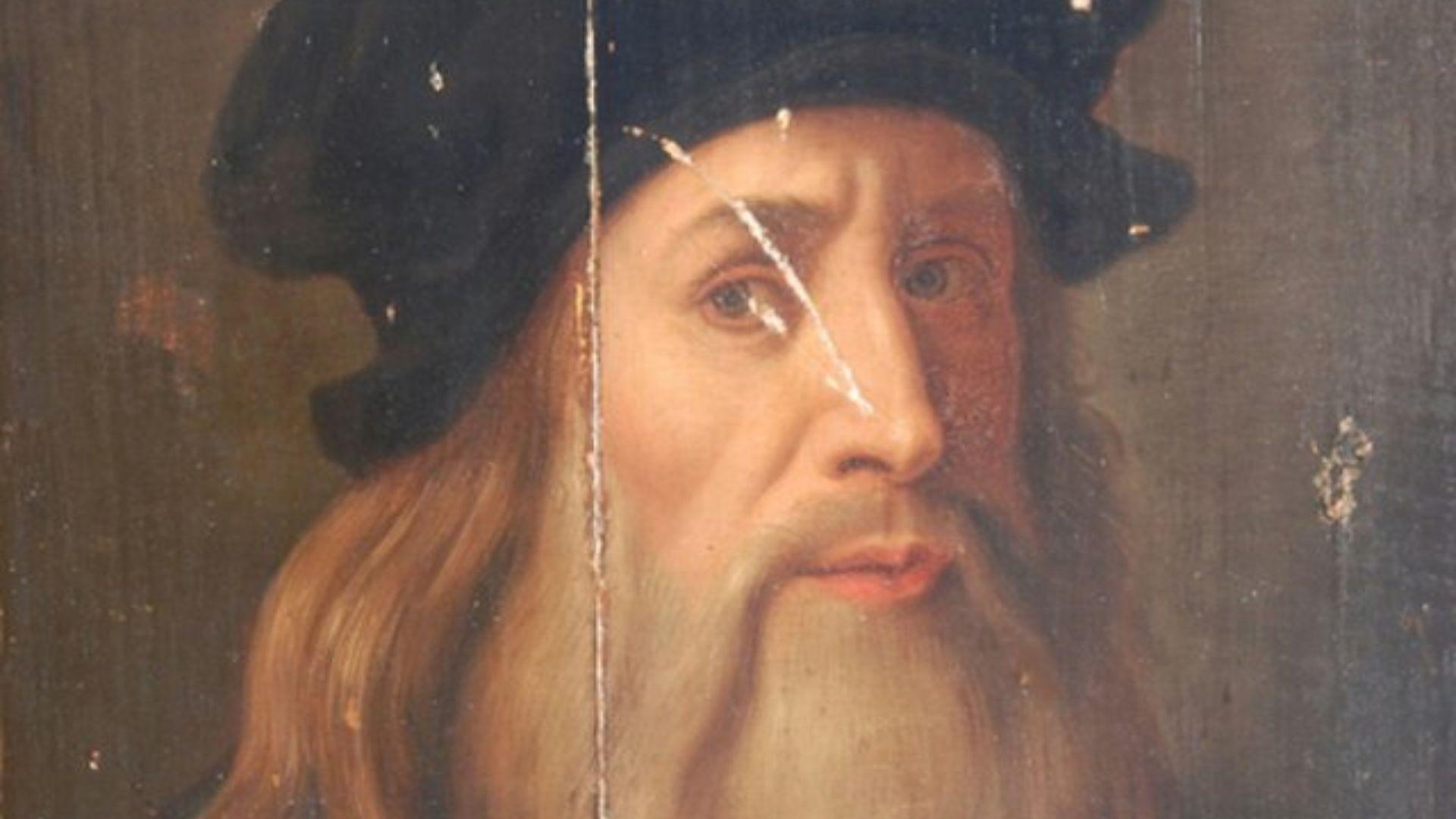 Renaissance-style portrait of an older man with a long, white beard and black hat