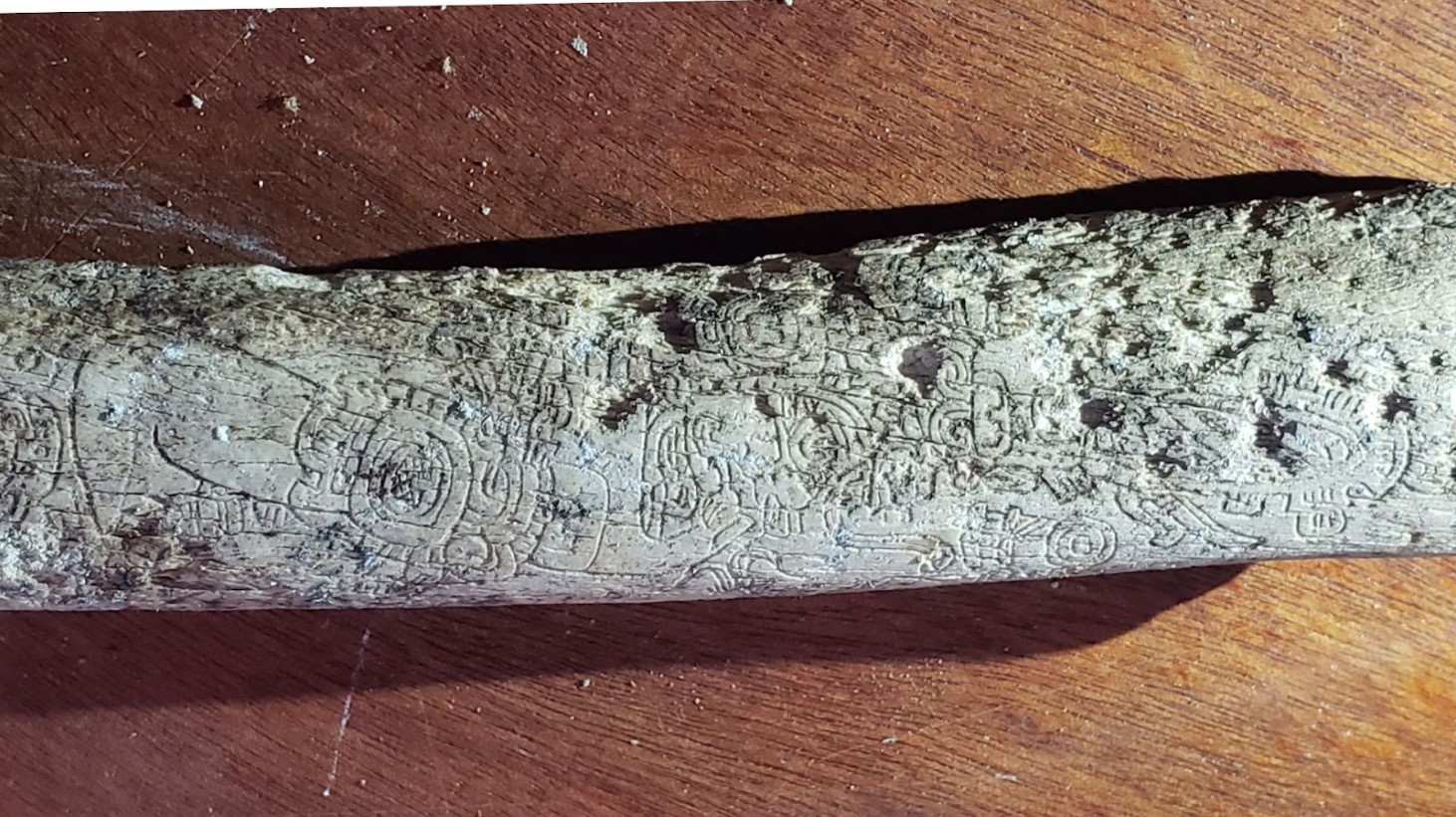 An image of an elongated bone artifact with intricate carvings covering its surface. The carvings, of Mayan origin, depict circular patterns and glyph-like figures