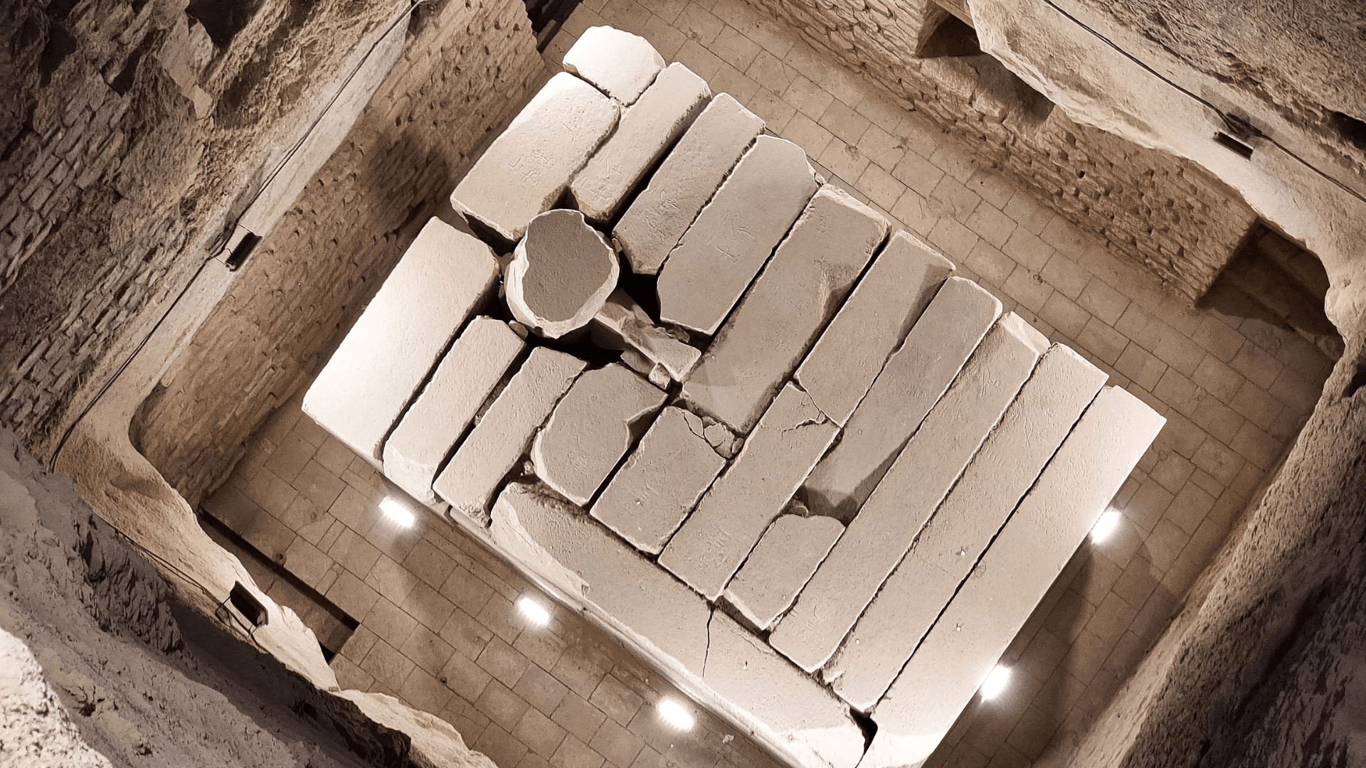 A close-up image from above of the sarcophagus room at Djoser. You can see the new lighting system circling the sarcophagus and also see lights higher up on the walls.