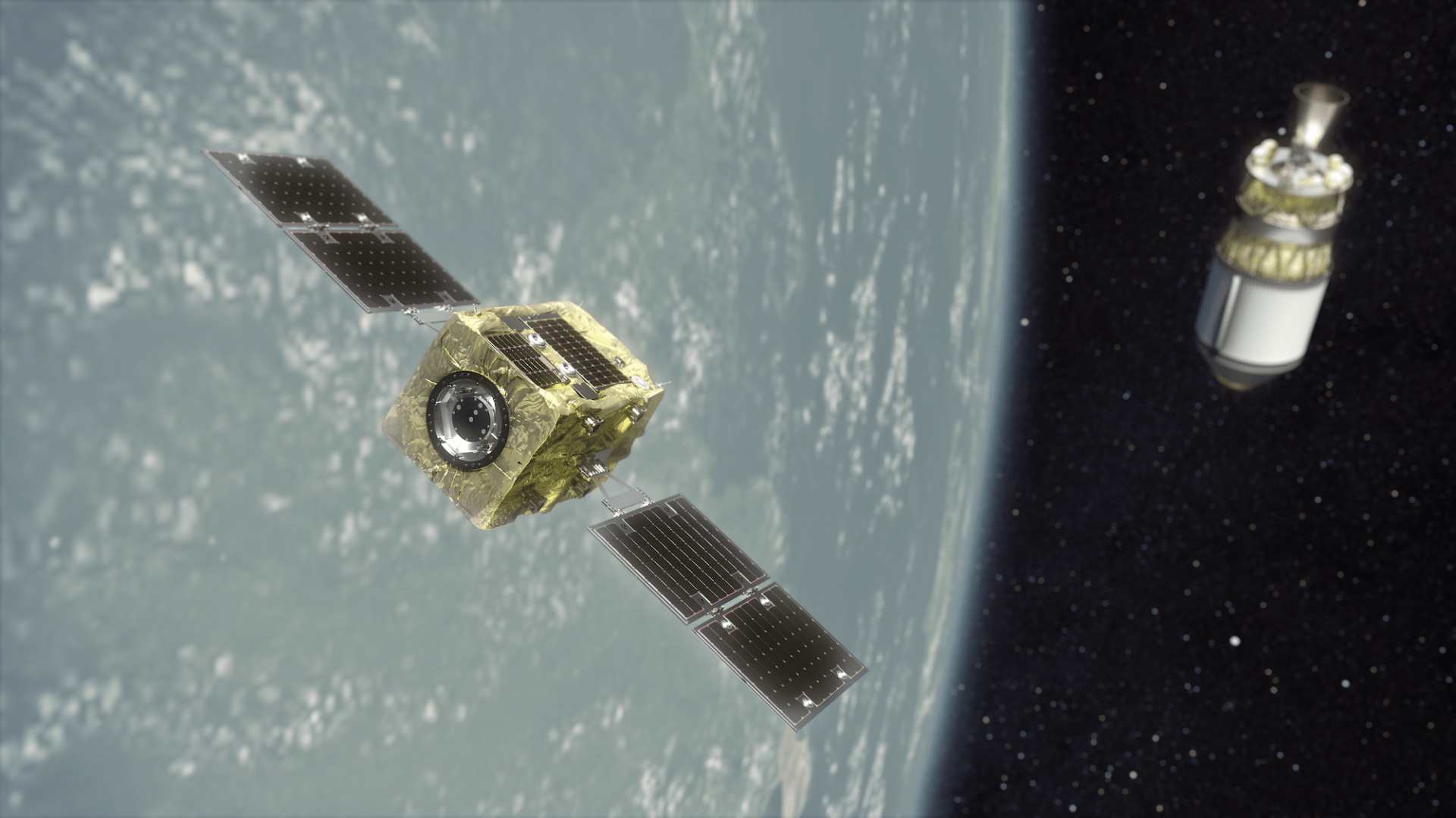 The ADRAS-J inspection satellite in low-Earth orbit approaching a potential piece of space debris.