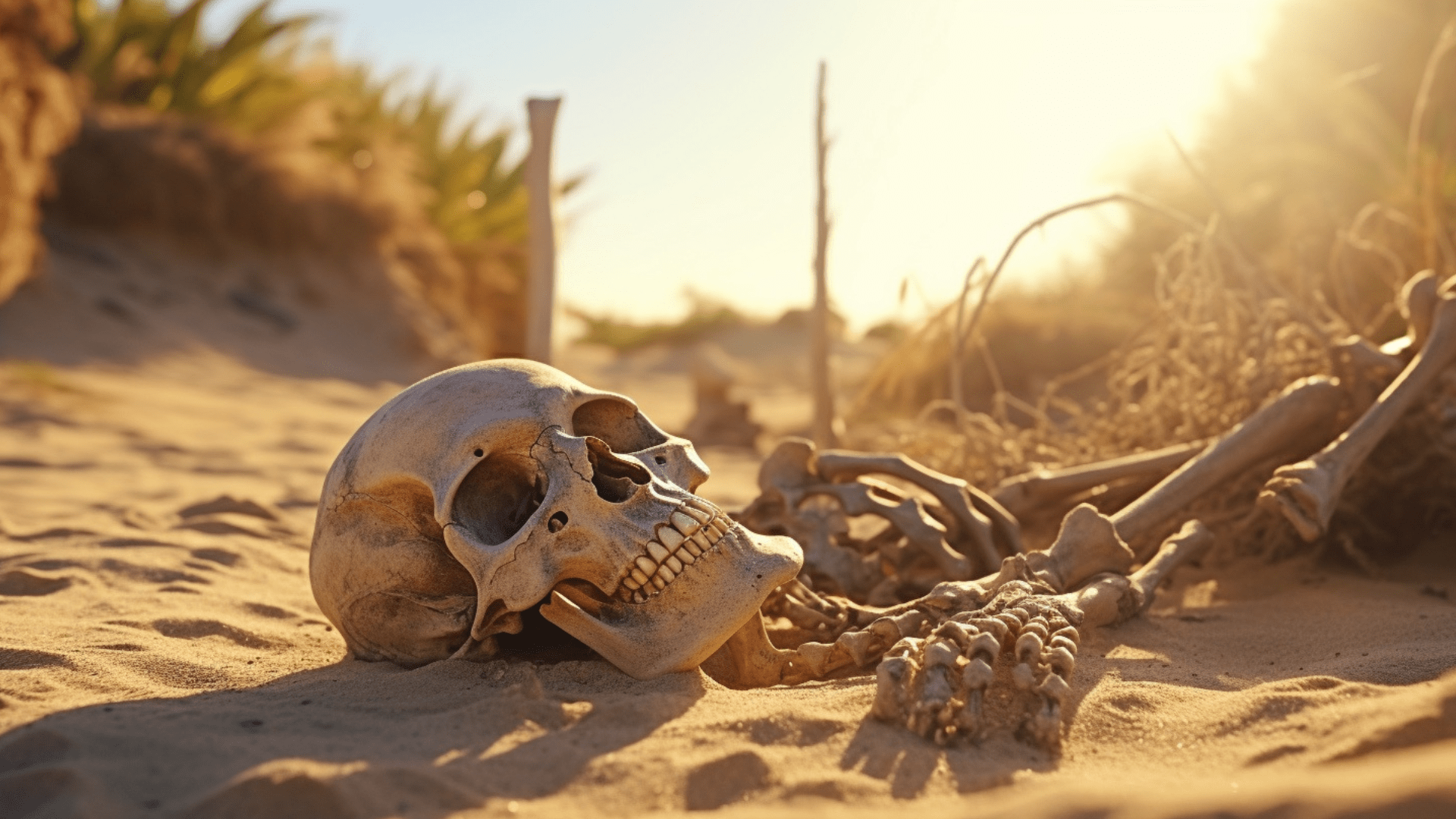 A human skeleton partially buried in sand.