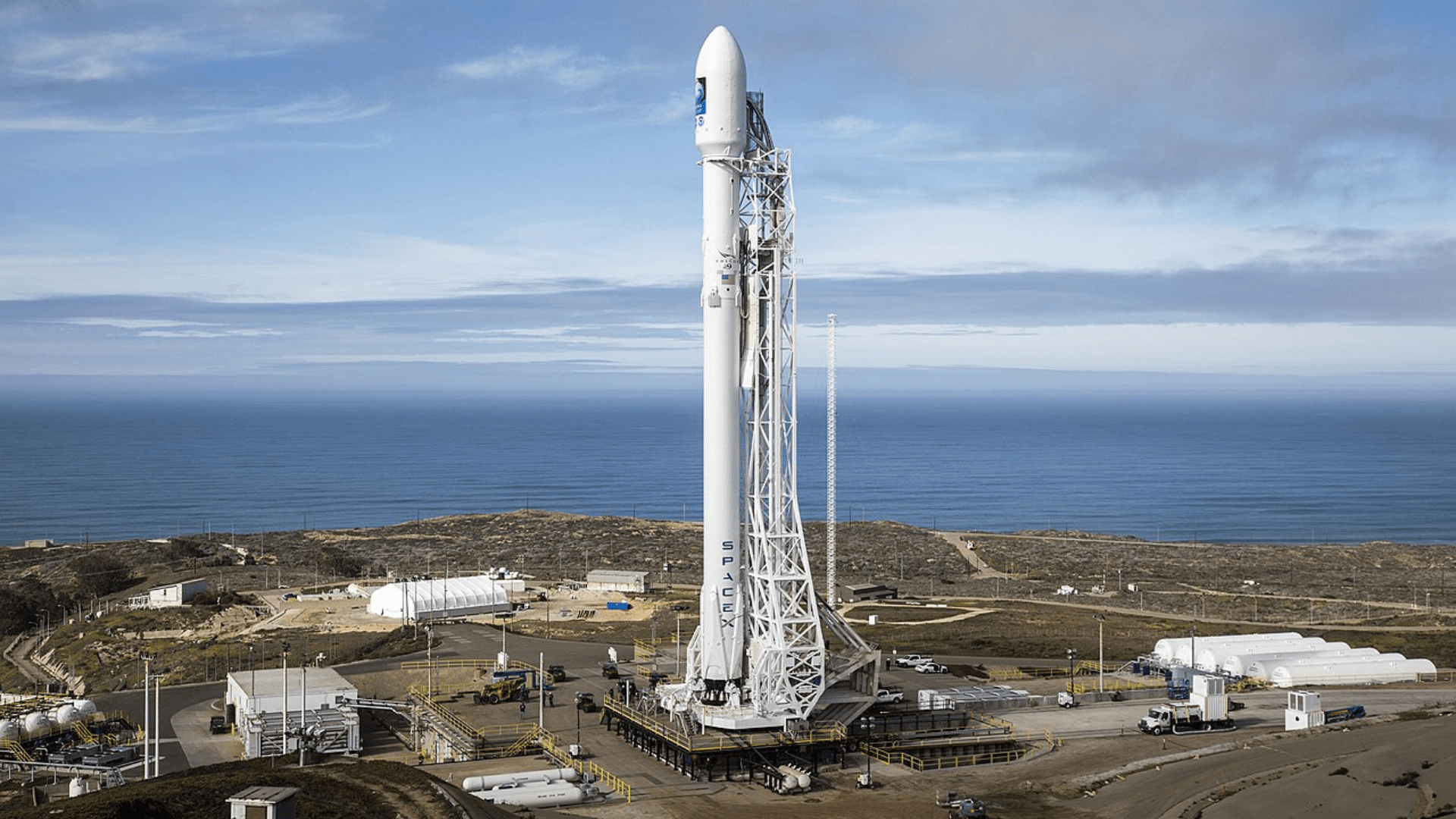 The SpaceX Falcon 9 on a launchpad at Vandenberg Air Force Base in 2016.