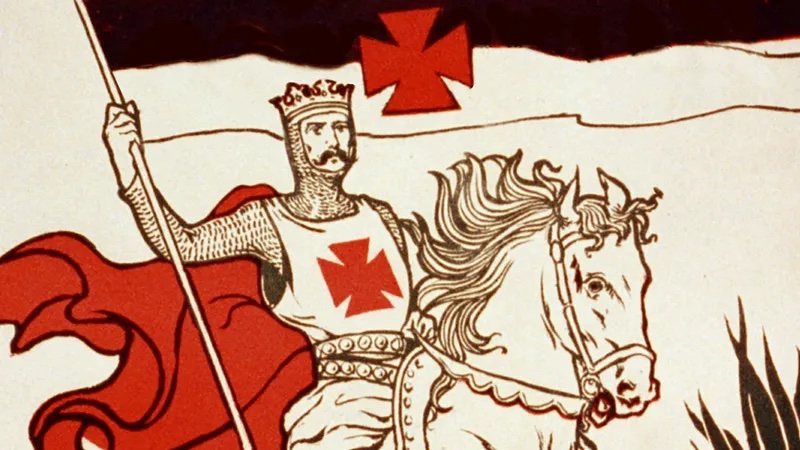 A Knight Templar holding a flag with a red cross while ridding a horse into battle