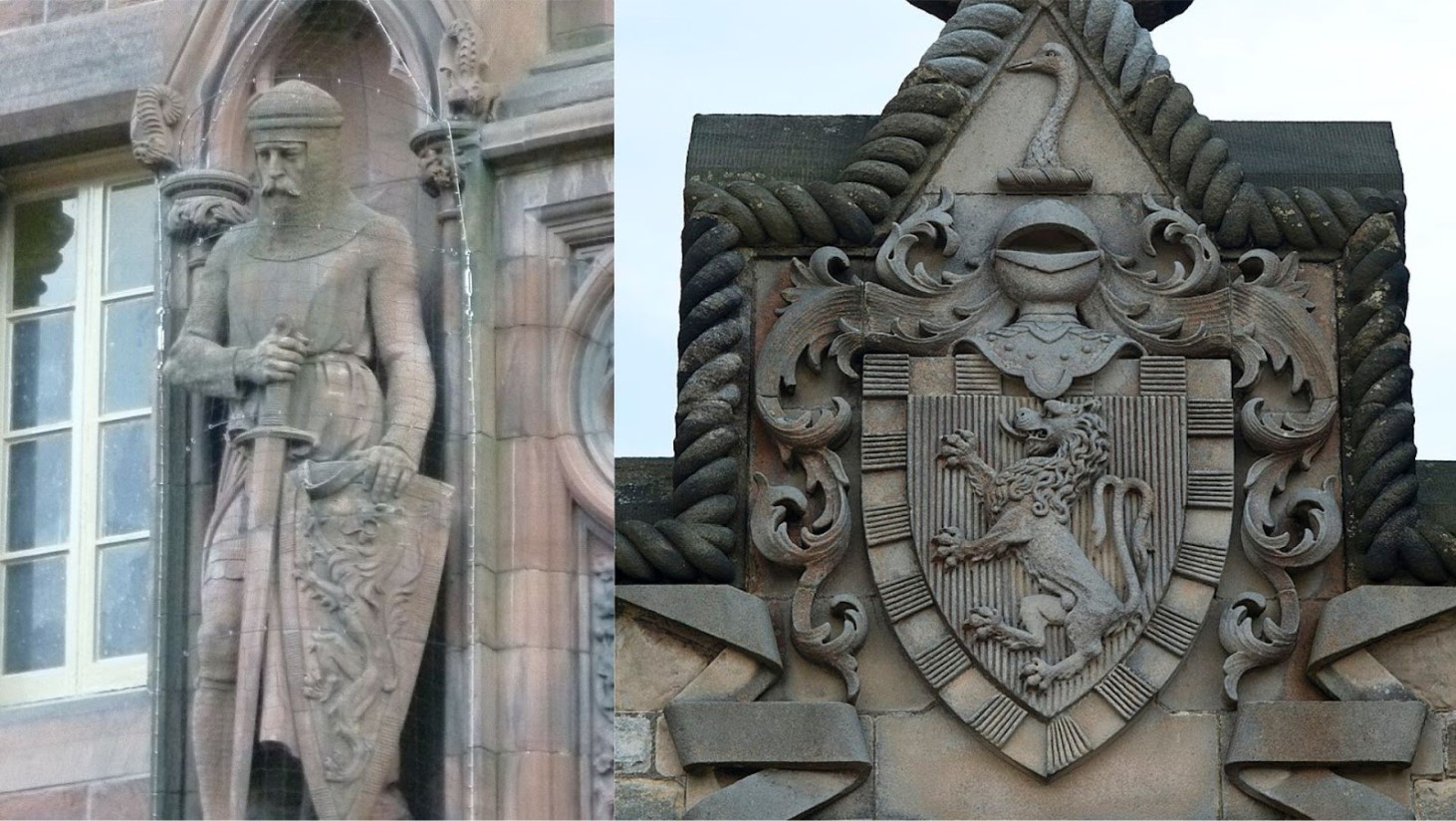 The left side of the image shows a stone statue of William Wallace standing solemnly in a niche, clad in traditional medieval armor, holding a sword, and bearing a shield. On the right, a detailed stone carving of the Scottish crest features a rampant lion within a shield, surrounded by decorative elements including foliage and a ribbon