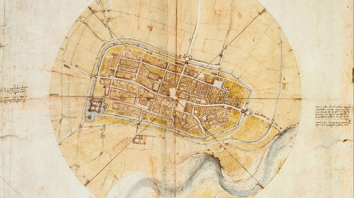 A detailed, color-enhanced historical map created by Leonardo da Vinci in 1502 depicting the Italian city of Imola. The map shows a bird's-eye view of the walled city with streets, structures, and the surrounding landscape, including the river