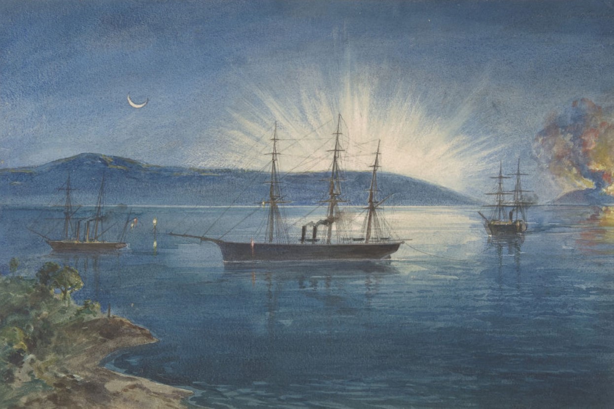 The Bay of Bull Arms, Trinity Bay, Newfoundland, Bonfires Lighted on the Hills to Notify of the Arrival of the Cable Fleet on August 5th, 1858 by Robert Charles Dudley, 1865-66