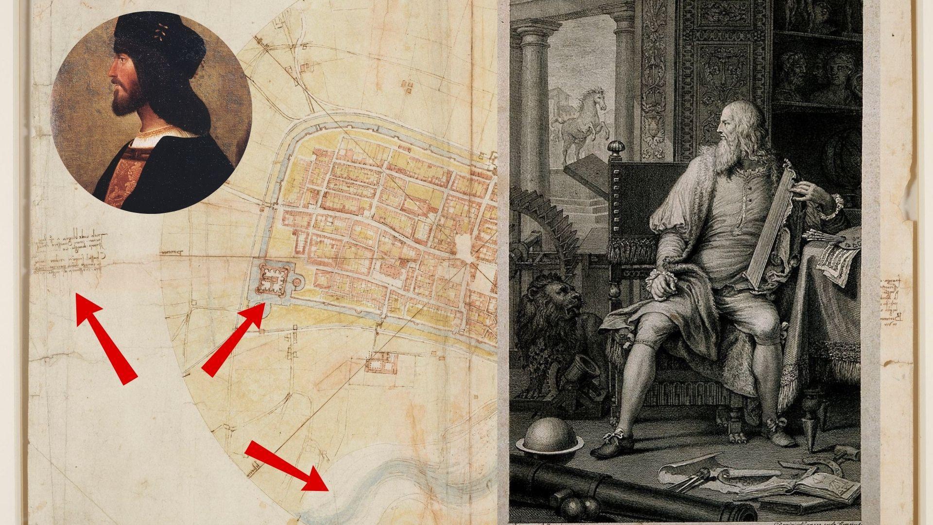 Partial top-down view of a map in faded colors with arrows pointing to various features. A young man’s portrait sits above the map in the upper left corner. To the right, an image of an older man with a long beard sitting in his study.