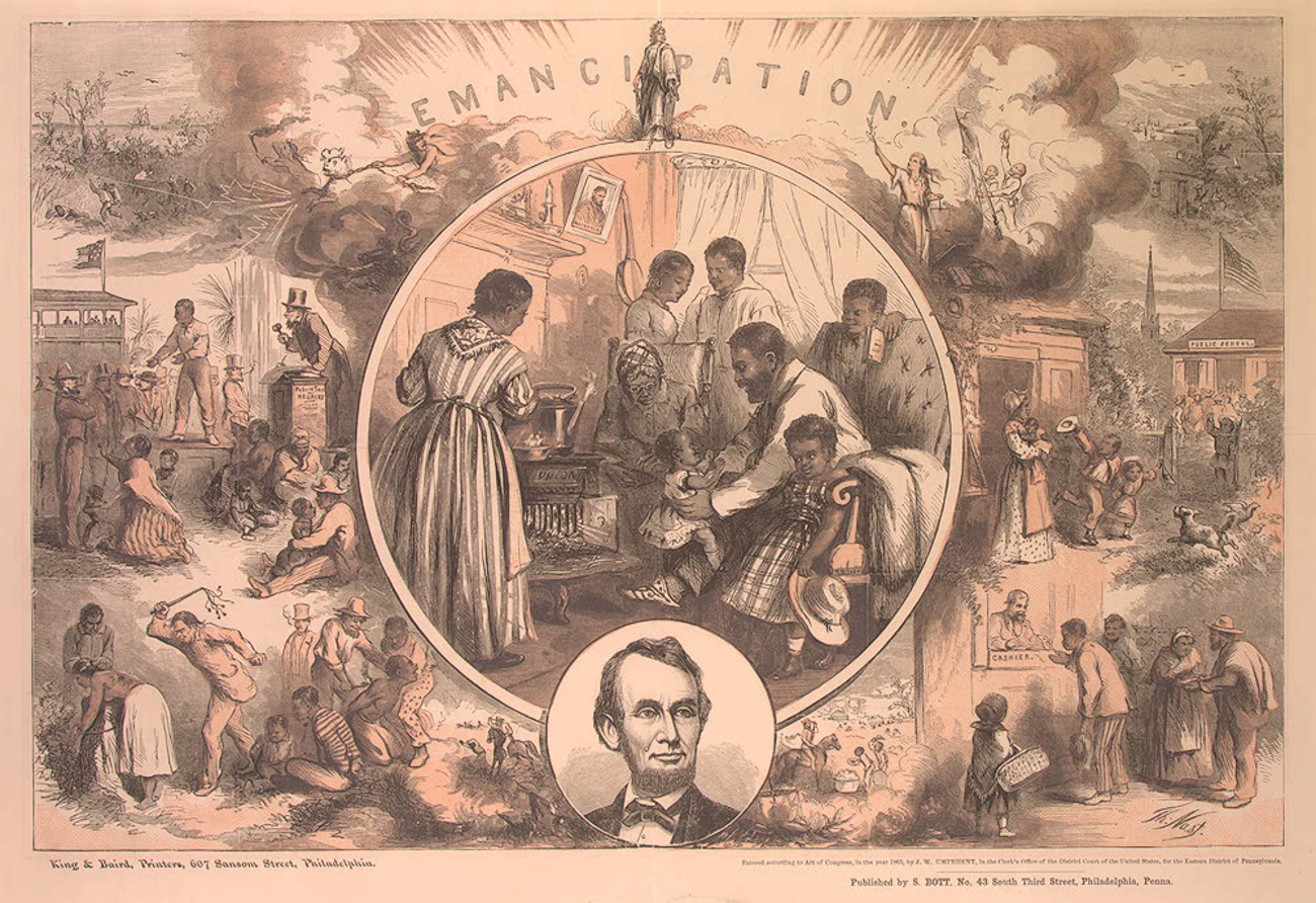 Promotional poster for the Emancipation Proclamation depicting slavery and a picture of president Abraham Lincoln