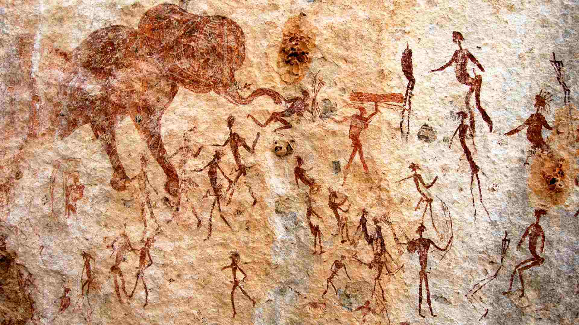 A depiction of a mythical hunting scene in prehistoric rock art from Zimbabwe.