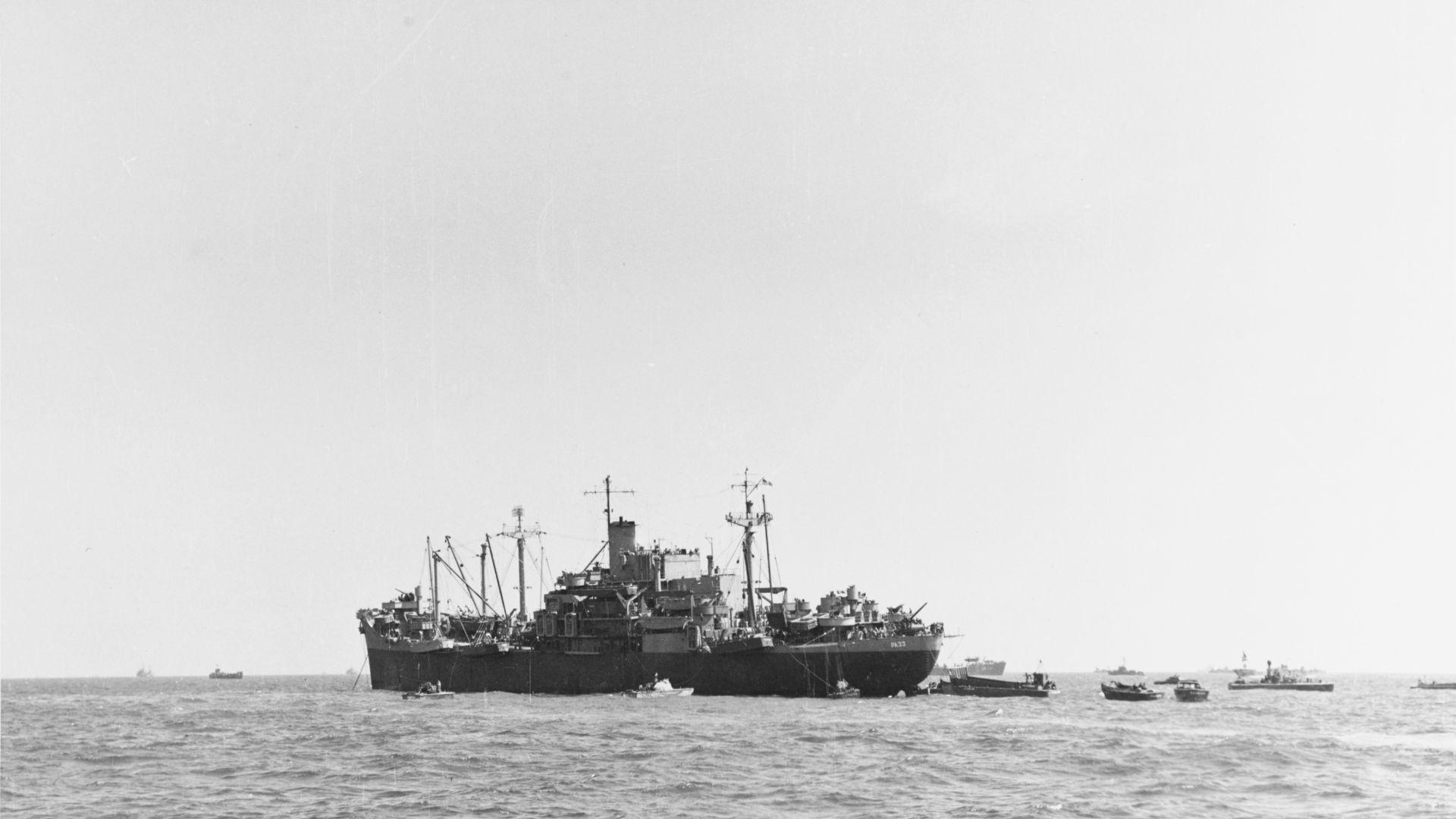 U.S. military boats in the water off of Utah Beach during D-Day in World War II.